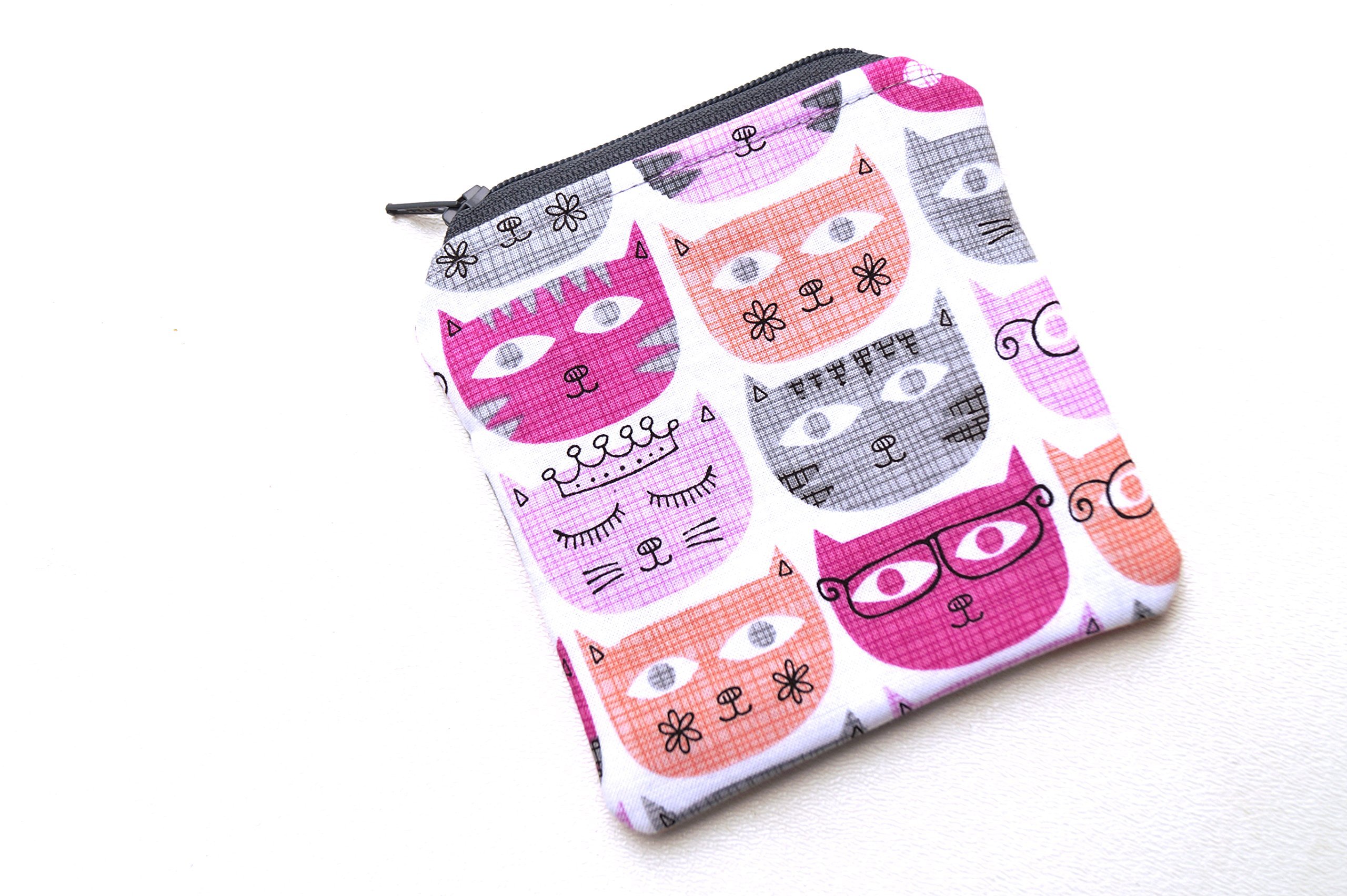 Cat Fabric Zipper Mini Pouch or Coin Purse in Pink and Grey