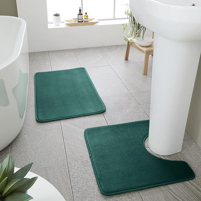 Catherine Lansfield Bathroom Anti-Bacterial Memory Foam Bath Mat and Pedestal Set Forest Green, Mats