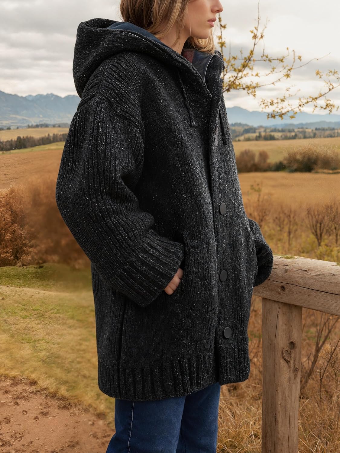 Women's Winter Knitted Thick Cardigan Hoodie Sweater Coat Drawstring Long Sleeve Buttons Down Warm Coat with Pocket