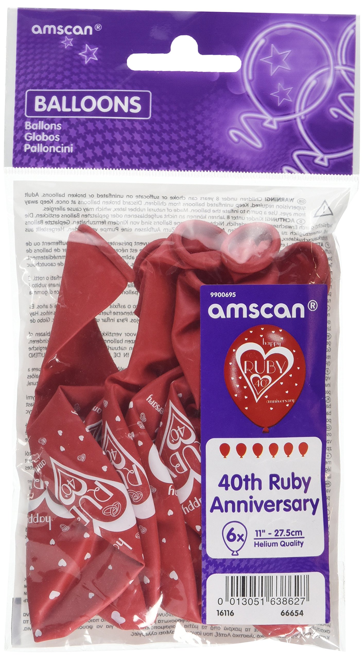 Amscan Red/White 9900695 Balloon Pk6 27Cm 40Th Ruby