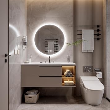 50 cm Round LED Mirror,Bathroom Mirror with Light,Anti- Fog,Tempered glass,3 Colors Dimmable,Front and Backlit,CRI90+,Touch Button,Horizontal/Vertical