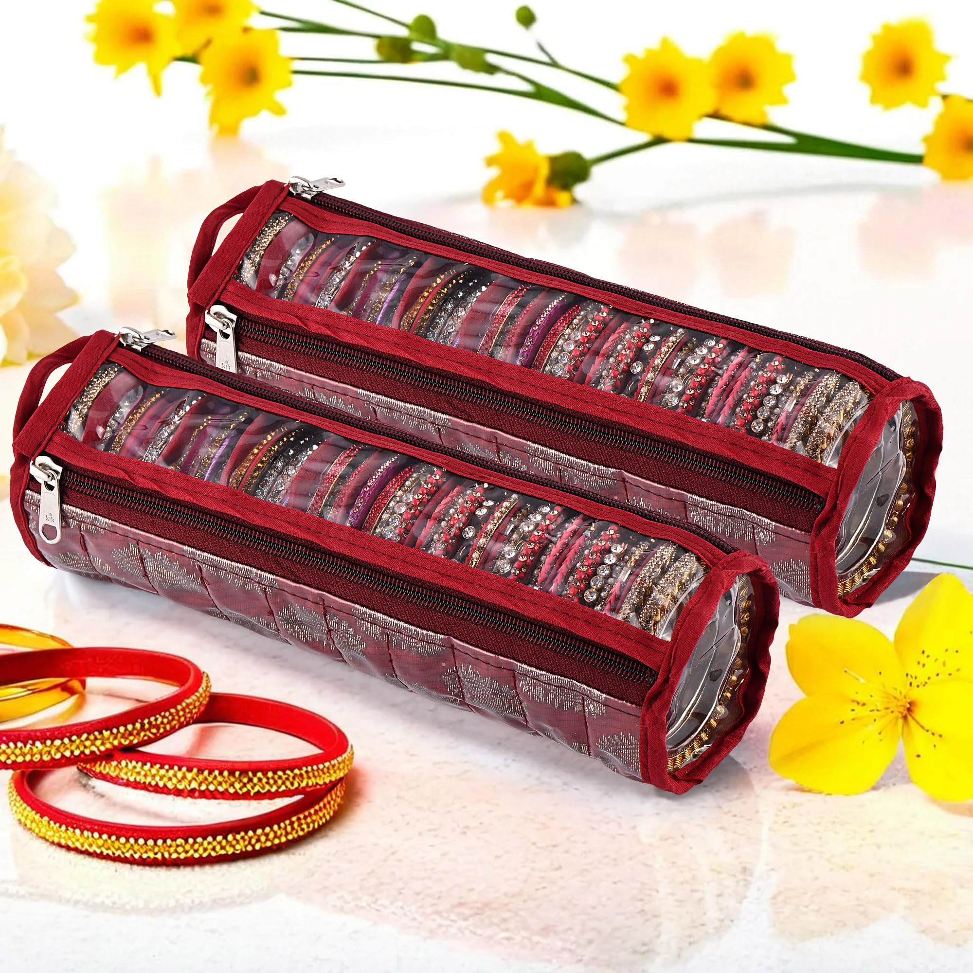 Kuber Industries Pack of 2 Bangles Organisers Storage Box with 10 Compartments | Gold Jewellery Pouch & Chudi Case Holder for Women | Printed -Maroon