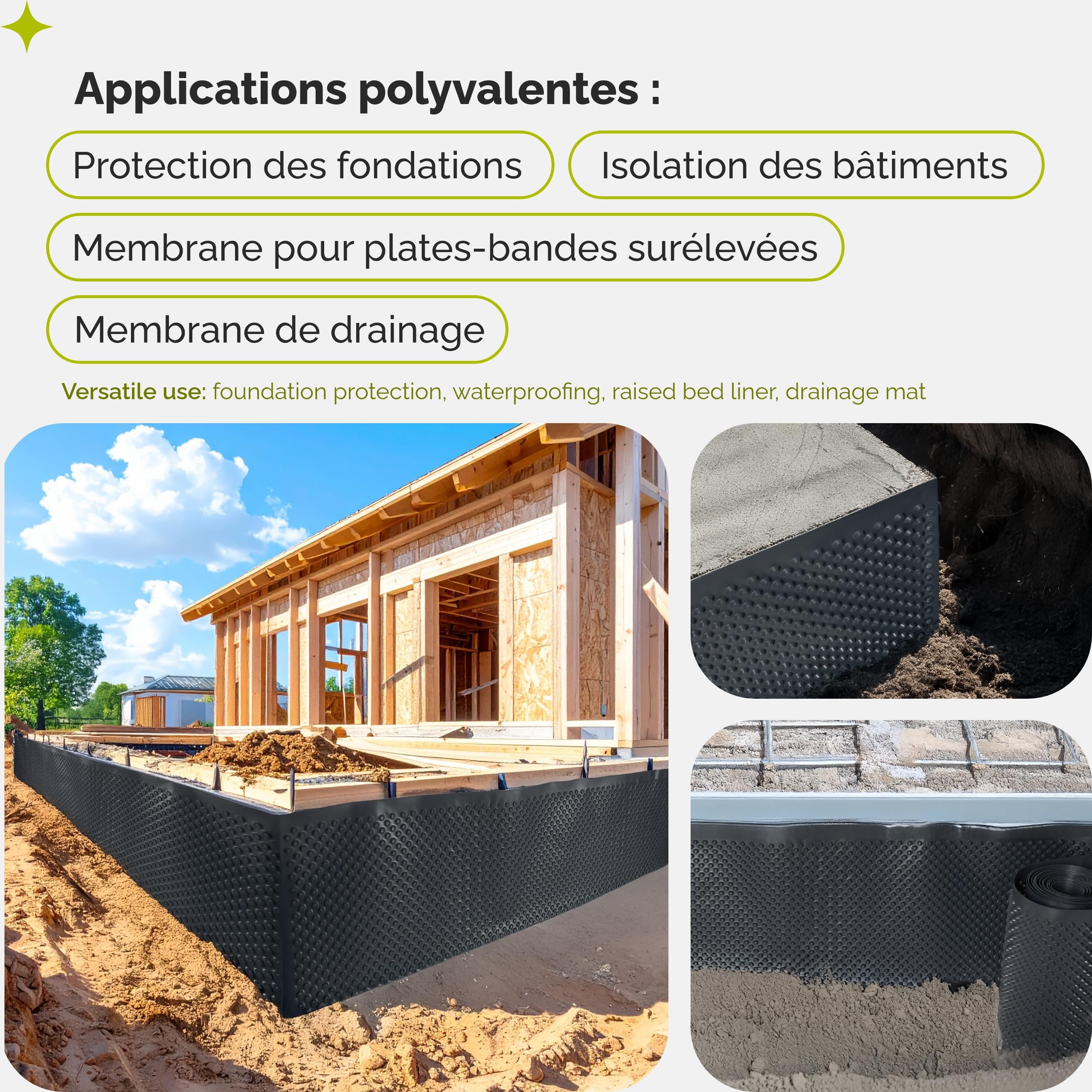 Garronda membrane à picots HDPE 400 g/m² - Film de drainage et étanchéité - Protection murs enterrés, fondations, jardin surélevé - 1 m × 10 m GD-0160