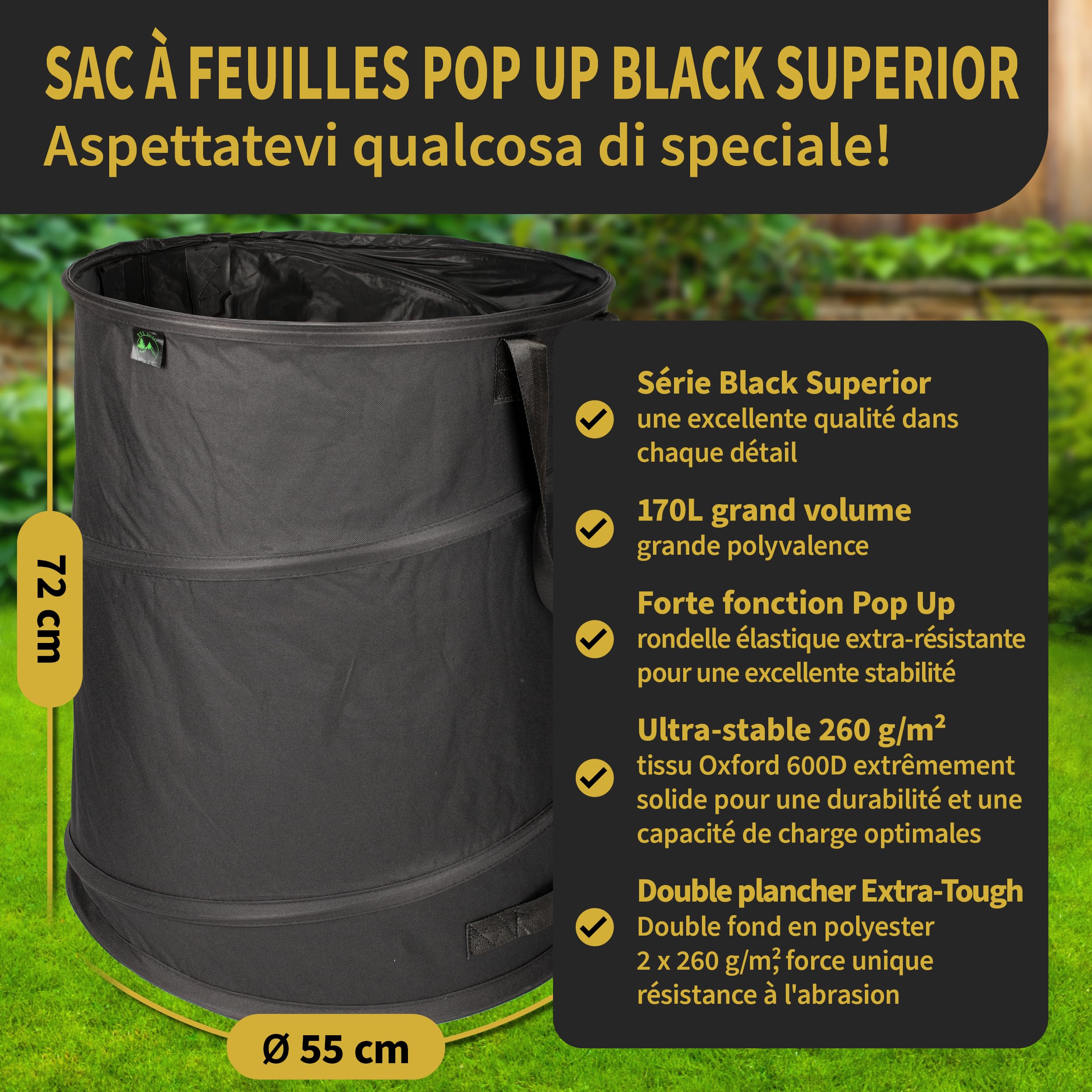TTL Garden Black Supererior Lot de 2 sacs de jardin Pop Up 170 l Double fond 260 g/m² Extra stables Oxford 600D 170 l Pliable Coupe verte Auto-portante
