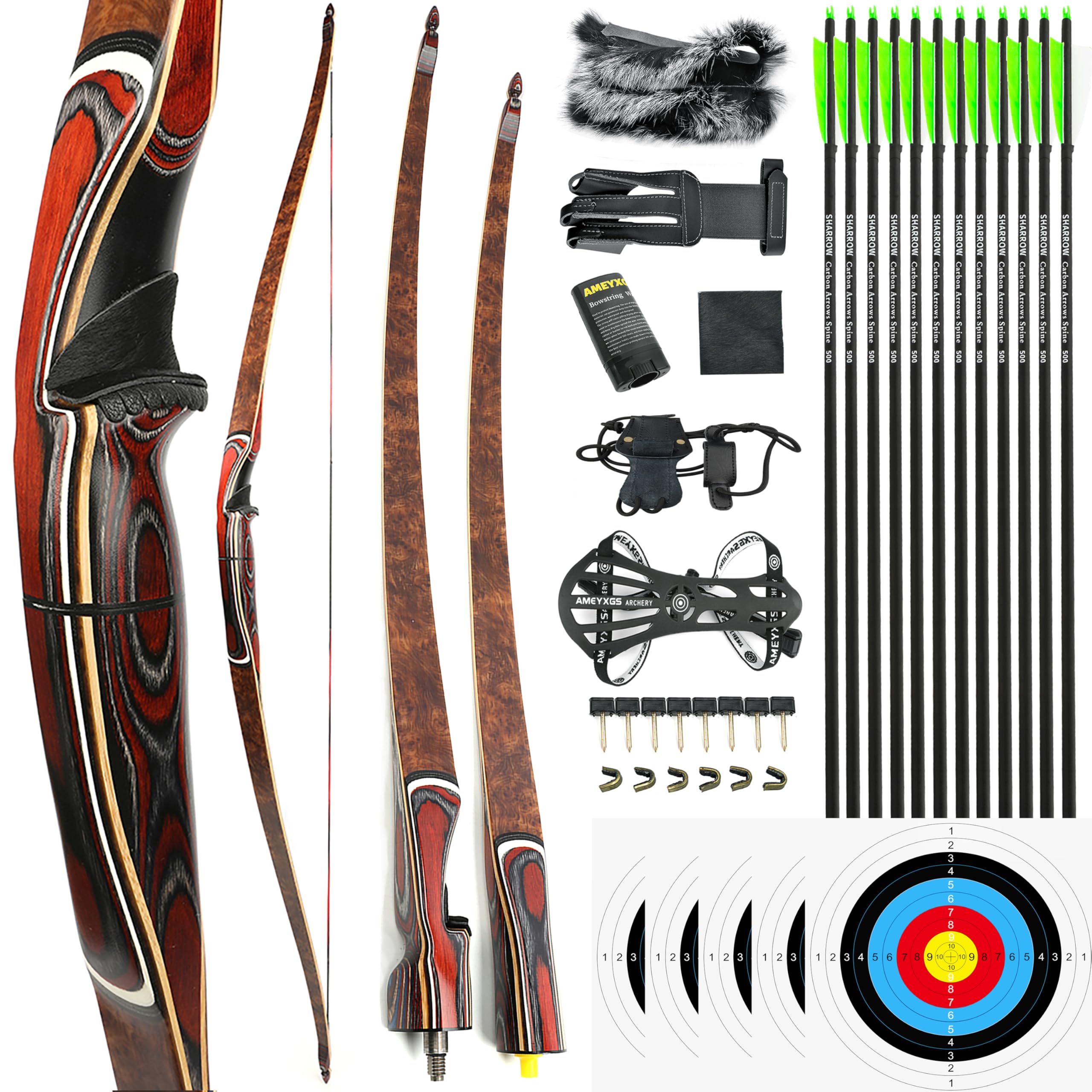 60" Takedown-Longbogen 20-55 Lbs Traditioneller Holzdreiecksbogen Rechtshänder für Bogenschießen, Jagen und Zieltraining