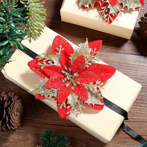 Miniatura 3 de SITUMEIZI 24 Piezas Flores de Pascua Artificiales de Navidad Rojas Doradas 5.5" Flores de Pascua con Purpurina Decoraciones de Navidad Flores de