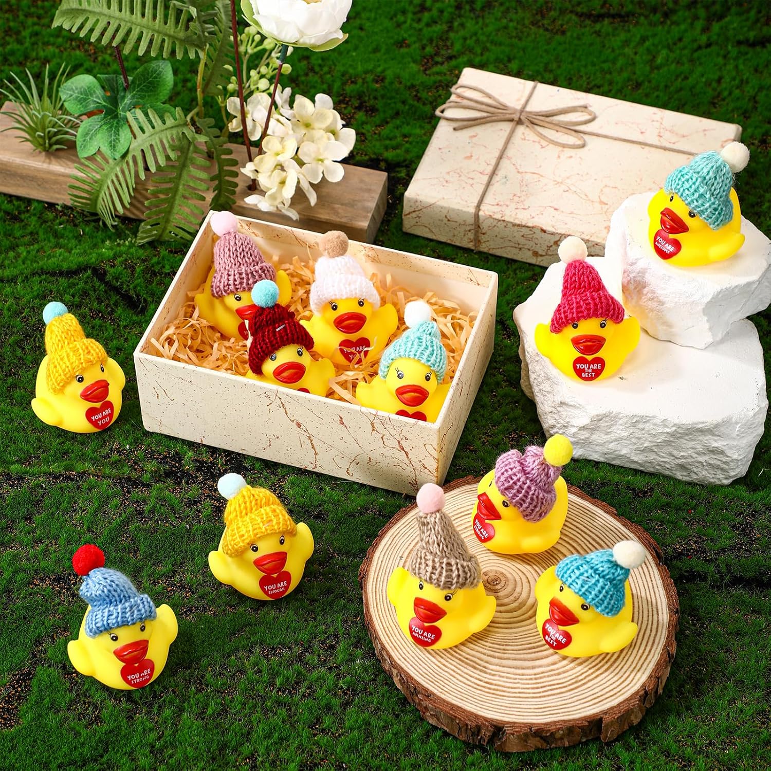 60 Pcs Mini Inspirational Rubber Ducks Bulk with Knitted Hats You are Motivational Theme Small Cruise Duck Toys Gifts for Coworker Employee Family Christmas (Multicolor)