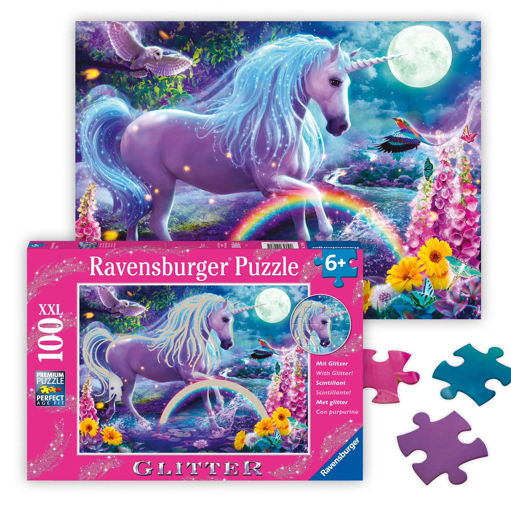 Ravensburger 12980 Puzzle 100 pièces XXL - Licorne scintillante (Collection Paillettes) Fantasy & Fairy Tale Unicorn Children's, Multicolored, 19 x 14 inches (49 x 36 cm)