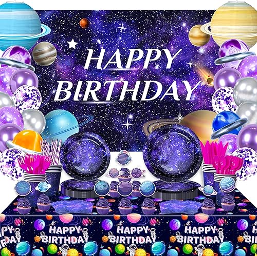 Miniatura 1 de Decoración de fiesta de cumpleaños de galaxia espacial, suministros de vajilla para fiesta del espacio exterior, incluye platos de fondo del espacio
