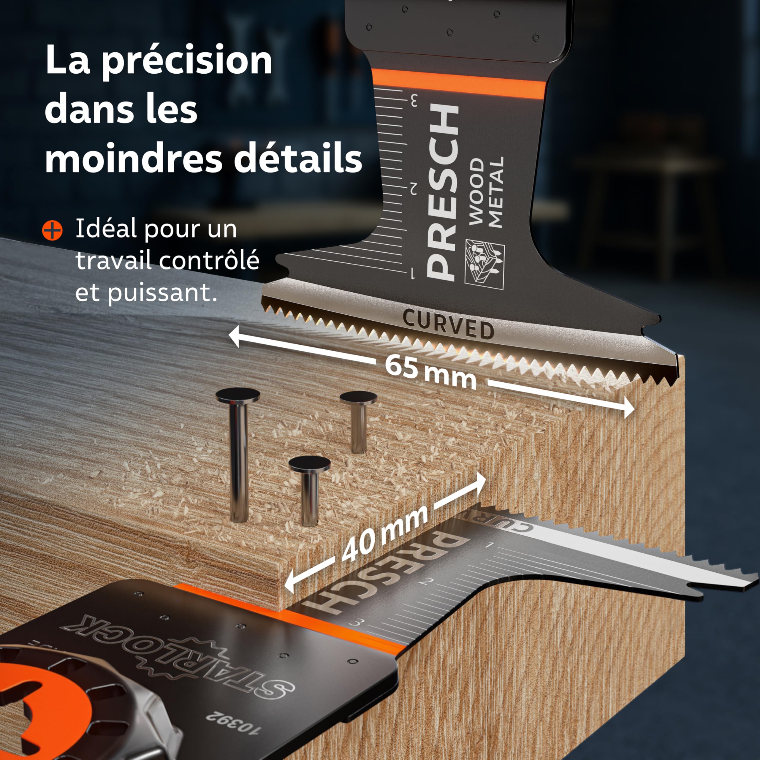 Presch Lame Scie Oscillante Bois et Métal 40x65mm - Lame Starlock pour changement sans outil - Dents BI pointues & design Curved-Tec pour résultats précis - Lame Outil Multifonction