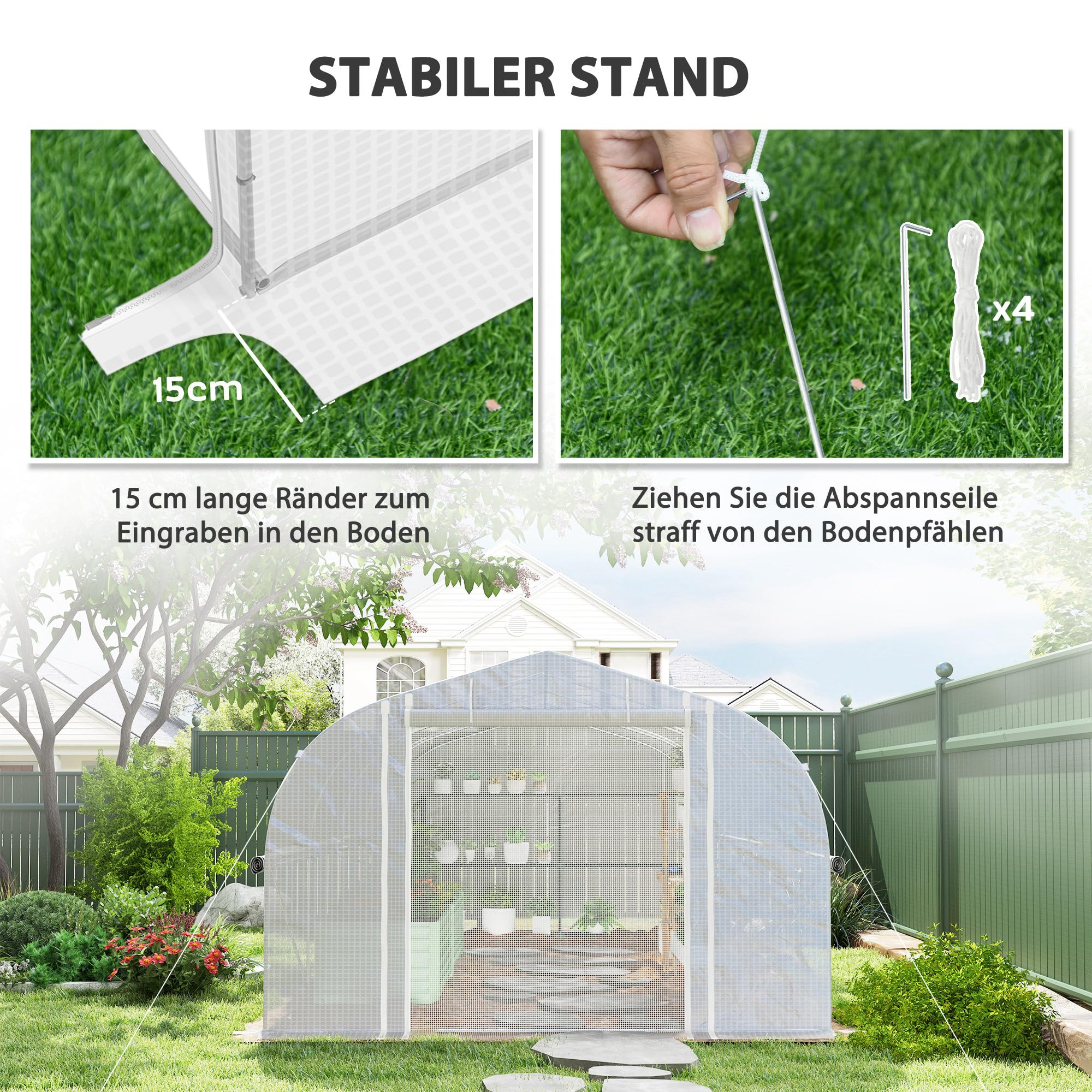 Outsunny Gewächshaus 6 x 3 x 2 m Foliengewächshaus mit 8 Fenster & Tür, Aufrollbar Seitenwänden, UV-beständiger Folientunnel Tomatenhaus mit verzinkten Stahlrahmen, Weiß