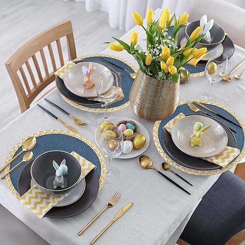 Miniatura 5 de fanquare Juego de 6 manteles individuales redondos tejidos azules con ribete dorado de 13.4 pulgadas, manteles individuales rústicos resistentes al