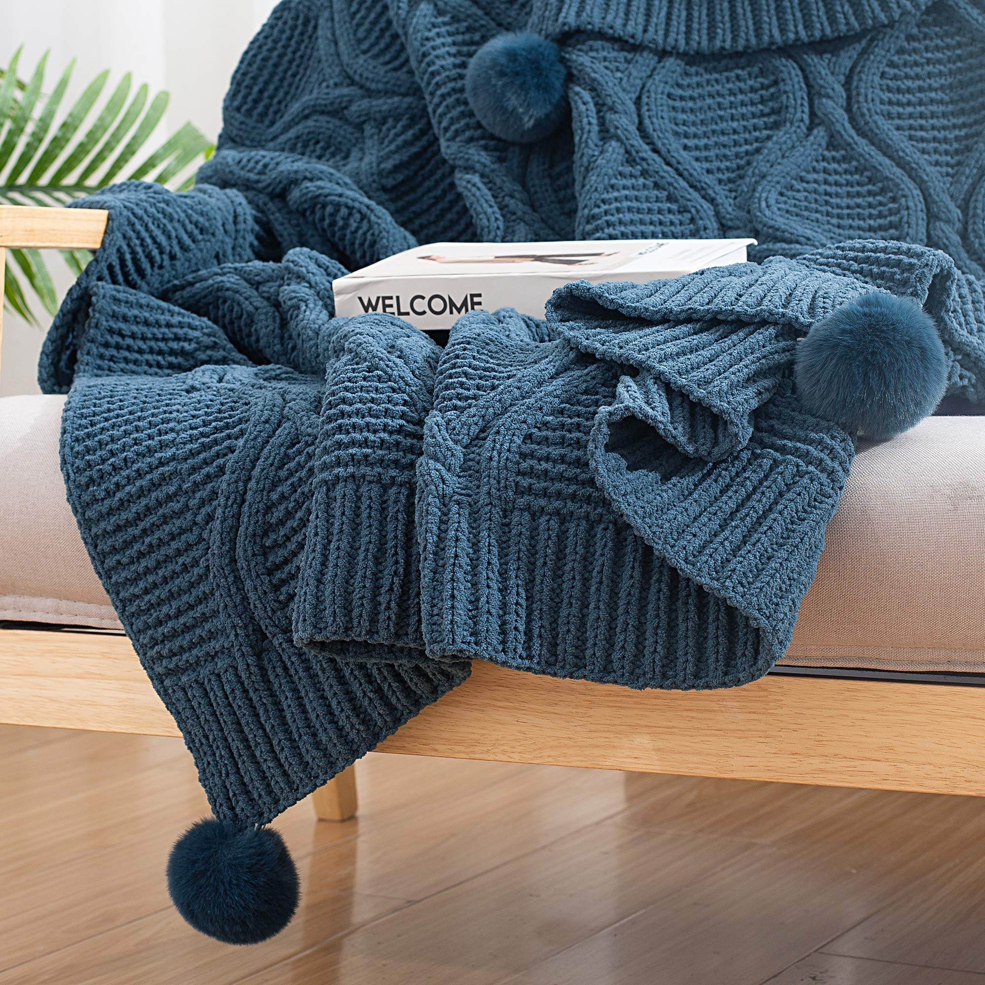 Navy Blue Chenille Knitted Throw Blanket with Four Tassel Balls Light  Weight Decorative Fluffy Chunky Woven Blanket for Bed Sofa Couch Chair,  Large 60
