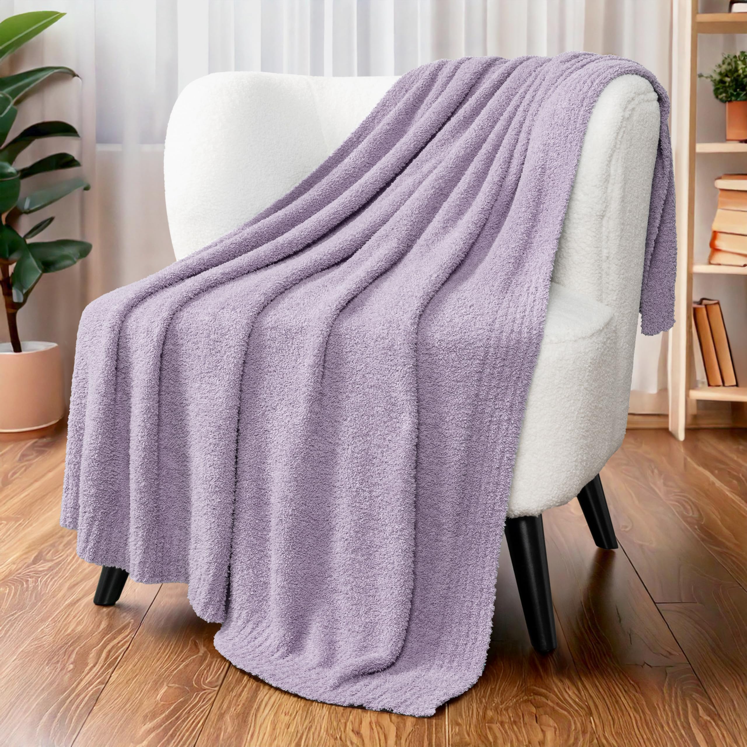 PAVILIA Super Soft Throw Blanket for Couch, Fluffy Cozy Lightweight Purple Blanket, Fuzzy Warm Knit Blanket for Bed Sofa, Lavender Lilac, 50x60