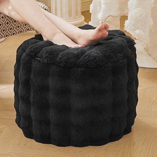 LIFEREVO Puf Otomán Inflable Redondo de Piel de Conejo Sintética de Lujo, 20 X 16 Pulgadas Pufs de Piso Esponjosos de Burbujas Waffle Reposapiés