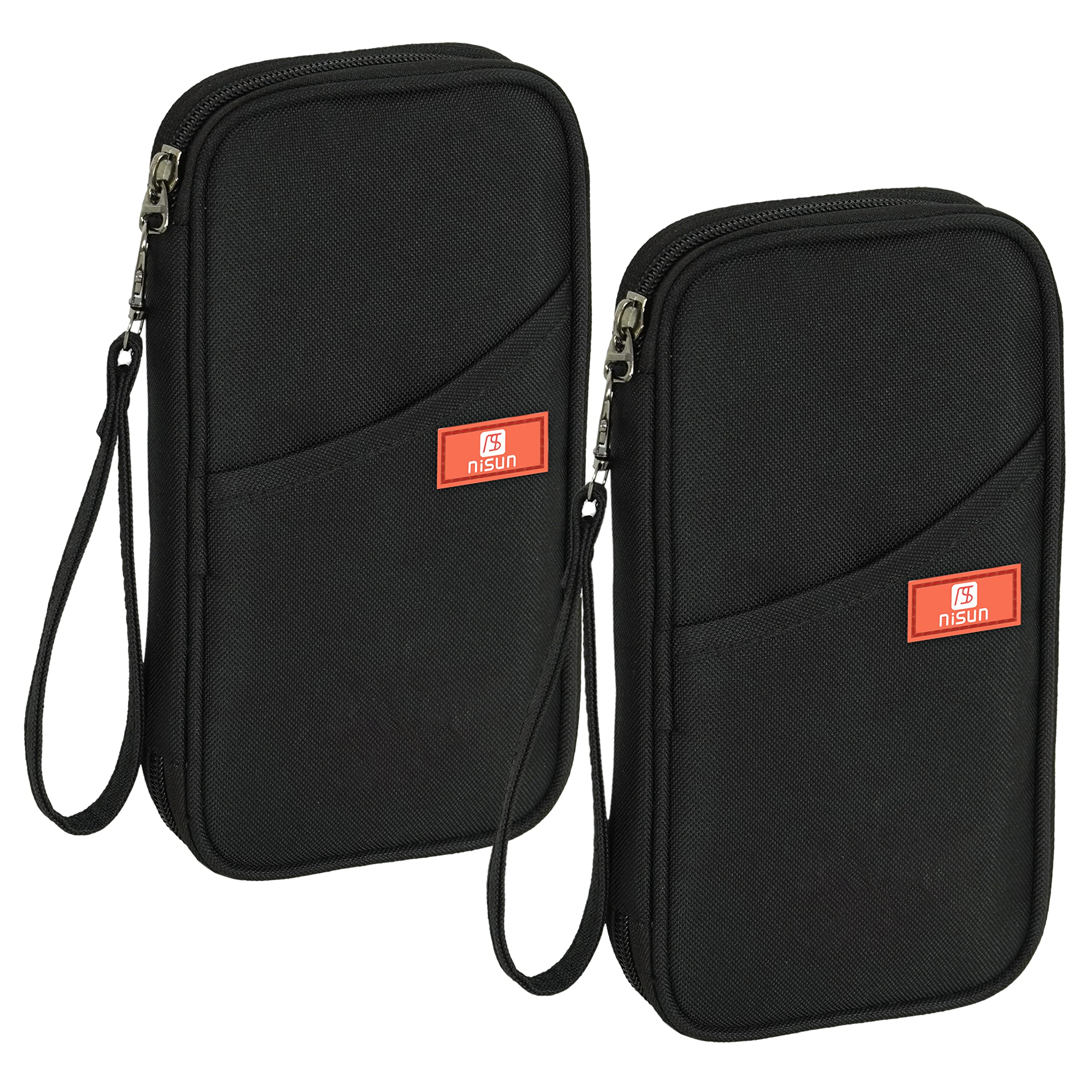 NISUN 2 Pack Nylon Passport Holder Wallet – Travel Document Organizer, Family Card Holder with Detachable Hand Strap (Black, 23 x 12 x 3 cm)