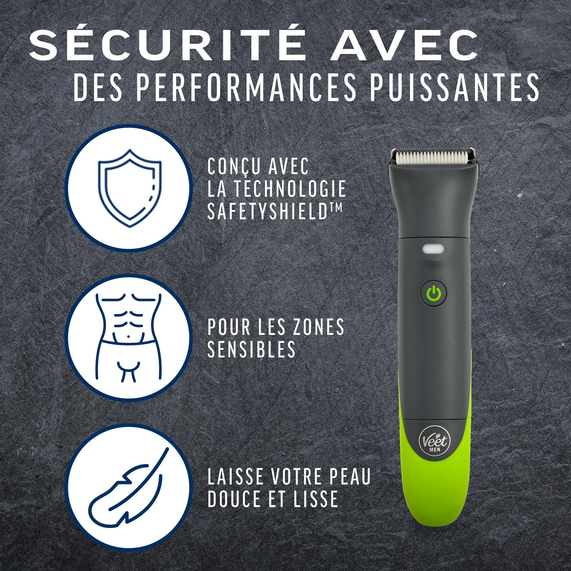 Veet Men Total ProTM* Tondeuse Intime Pour Homme - Rasoir électrique Multi-Usage pour Aine, Barbe et Corps – Chargeur USB – 100% étanche (IP67)