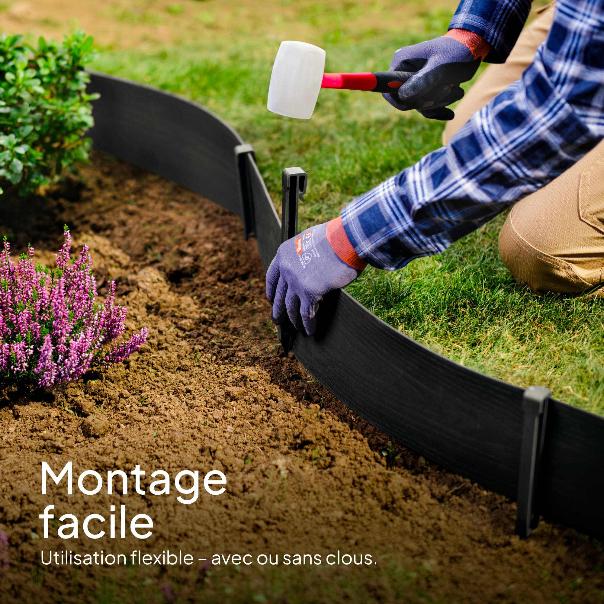 UNIGARDIA Bordure de Jardin Flexible 20m - Hauteur 13cm, Épaisseur 3mm - Bordure de Gazon en Plastique - Bordure de Pelouse résistante aux UV, Utilisation Facile, Noir avec Décor en Bois