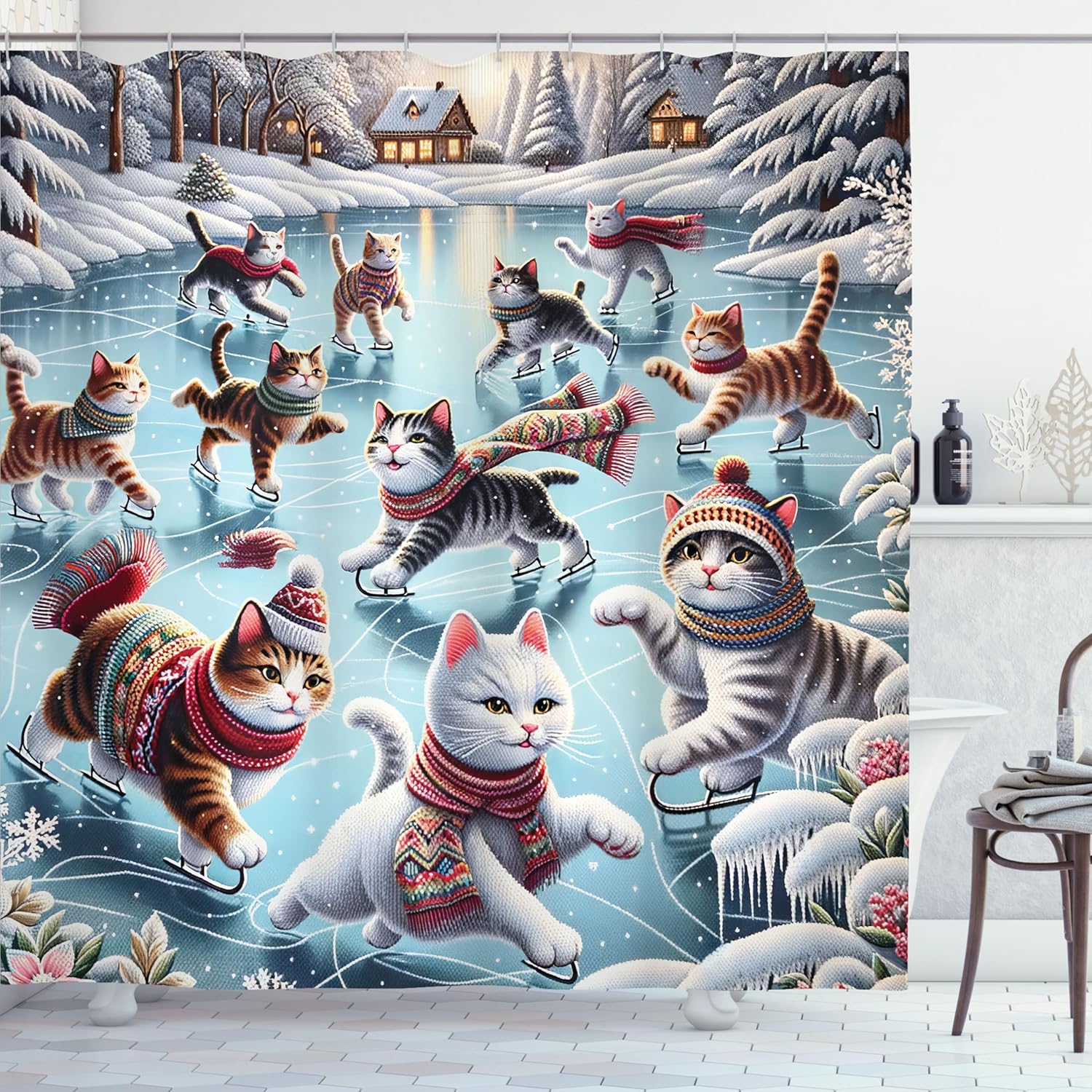 Ambesonne Cat Shower Curtain, Cozy Winter Woodland Scene with Cottages and Ice Skating Kitties Snow Fun, Cloth Fabric Bathroom Decor Set with Hooks, 69" W x 84" L, Soft Blue Burnt Orange