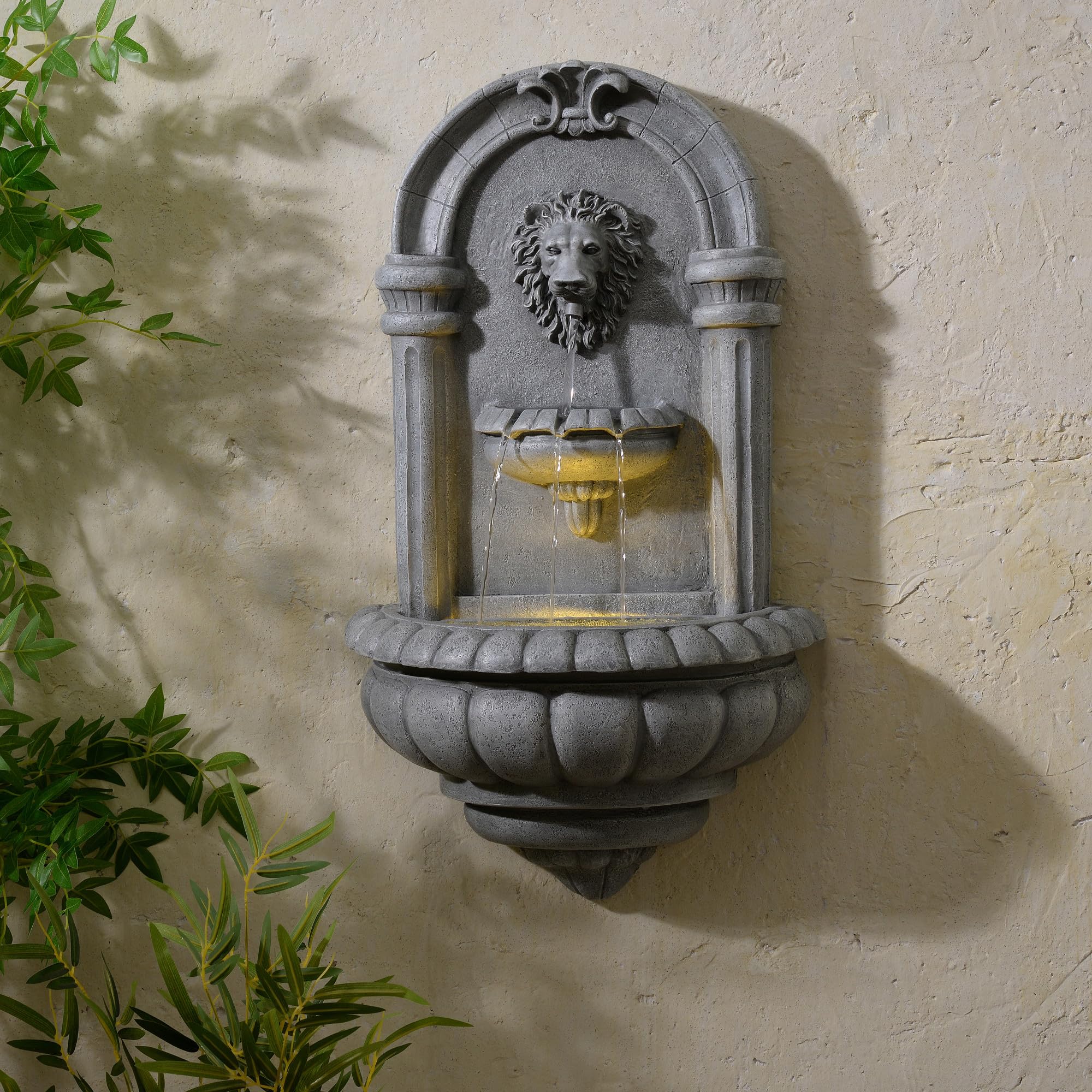 Teamson Home Fontaine Murale tête de Lion 81 cm Effet Pierre, éclairage LED intégré et Design Classique, Pierre Naturelle
