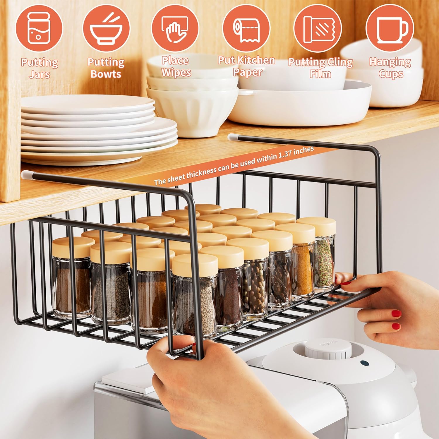 SUFAUY 4-Pack Under Cabinet Shelf Basket, Wire Shelves for Storage for Kitchen Pantry, Black