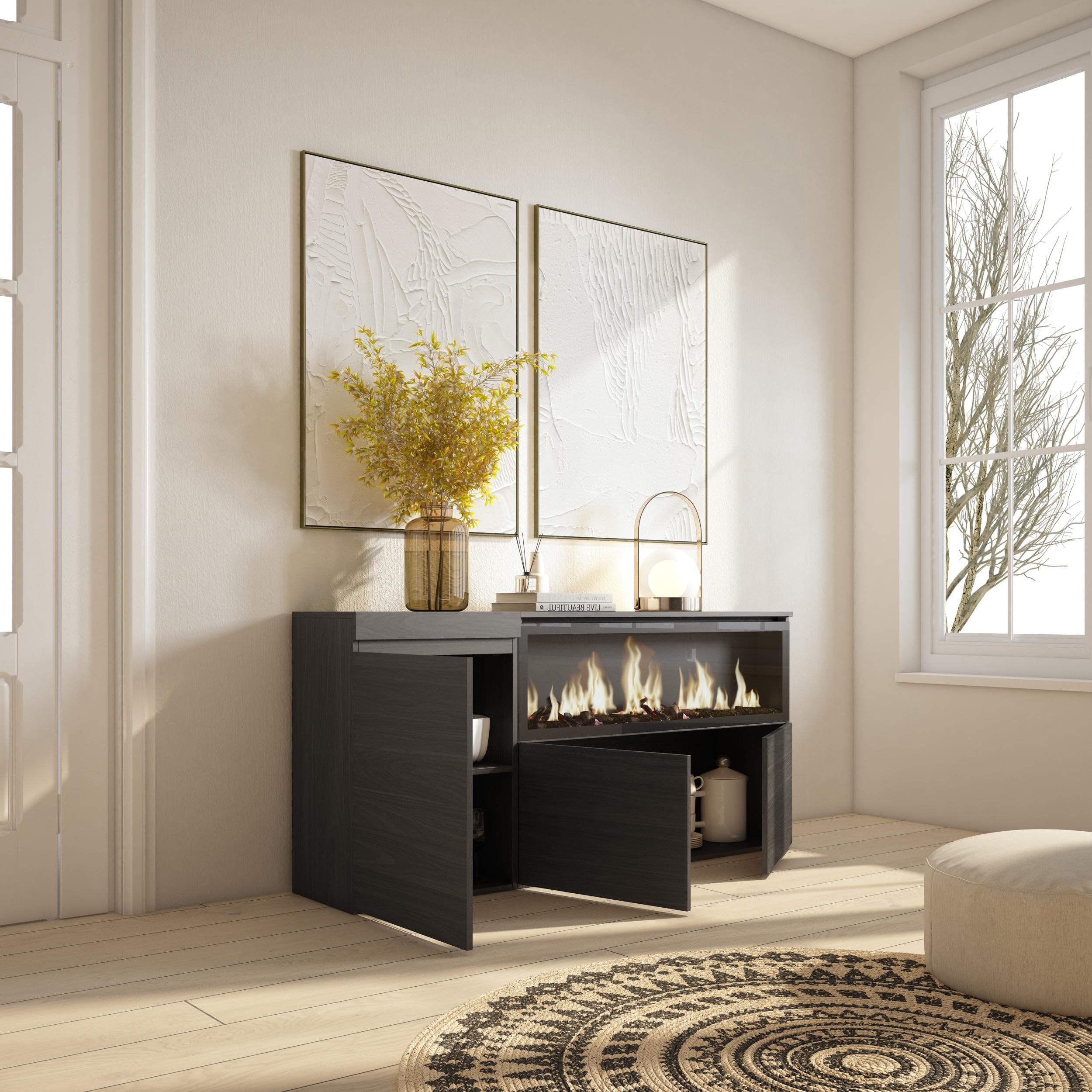 Skraut Home - Dressoir - Opbergkast - Met Elektrische Haard - 200x35x87 Cm - Eiken En Zwart