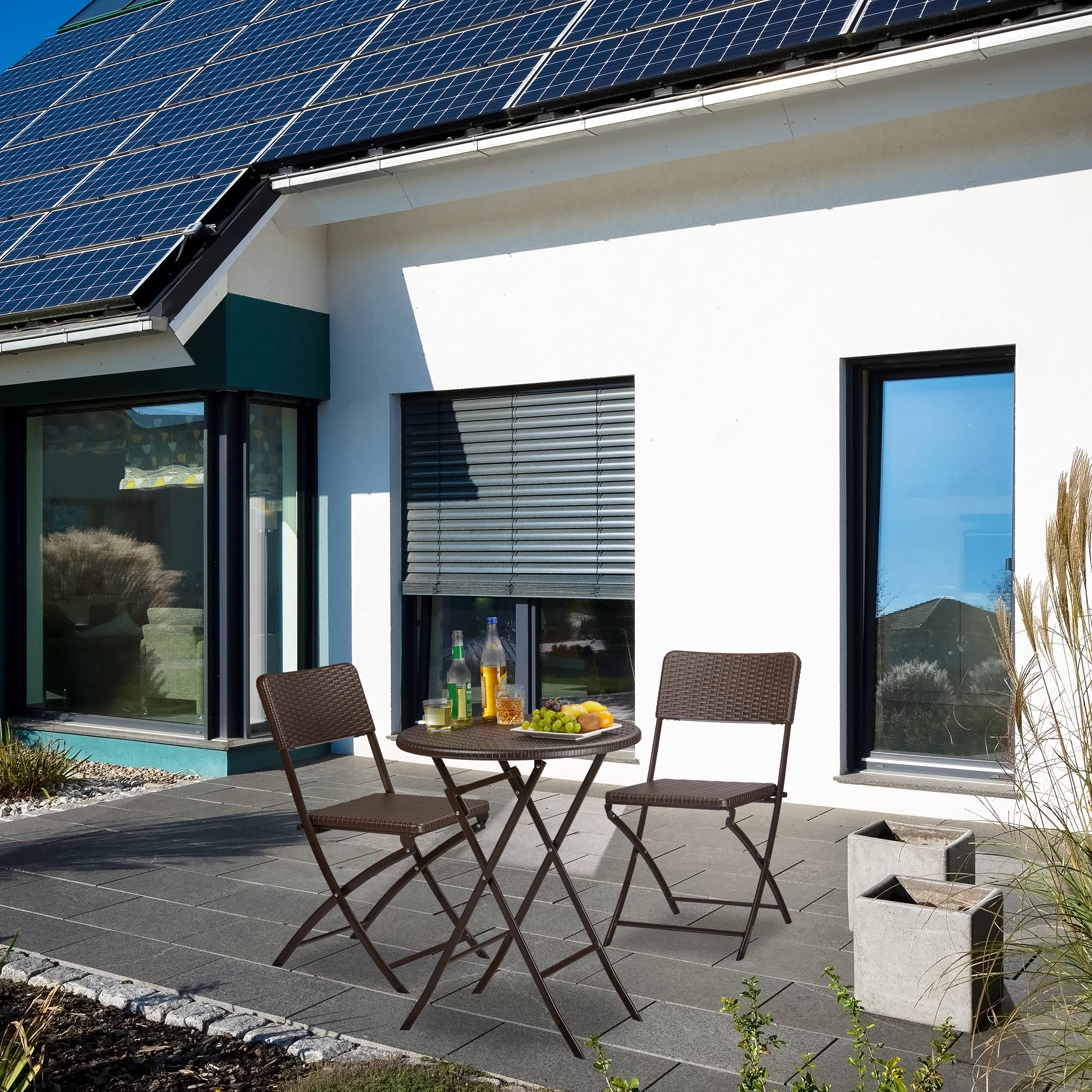 Relaxdays Set Mobili da Giardino BASTIAN, Tavolo e Sedie Campeggio, Pieghevoli, Rattan, HxLxP 75,5x60x60 cm, Nero