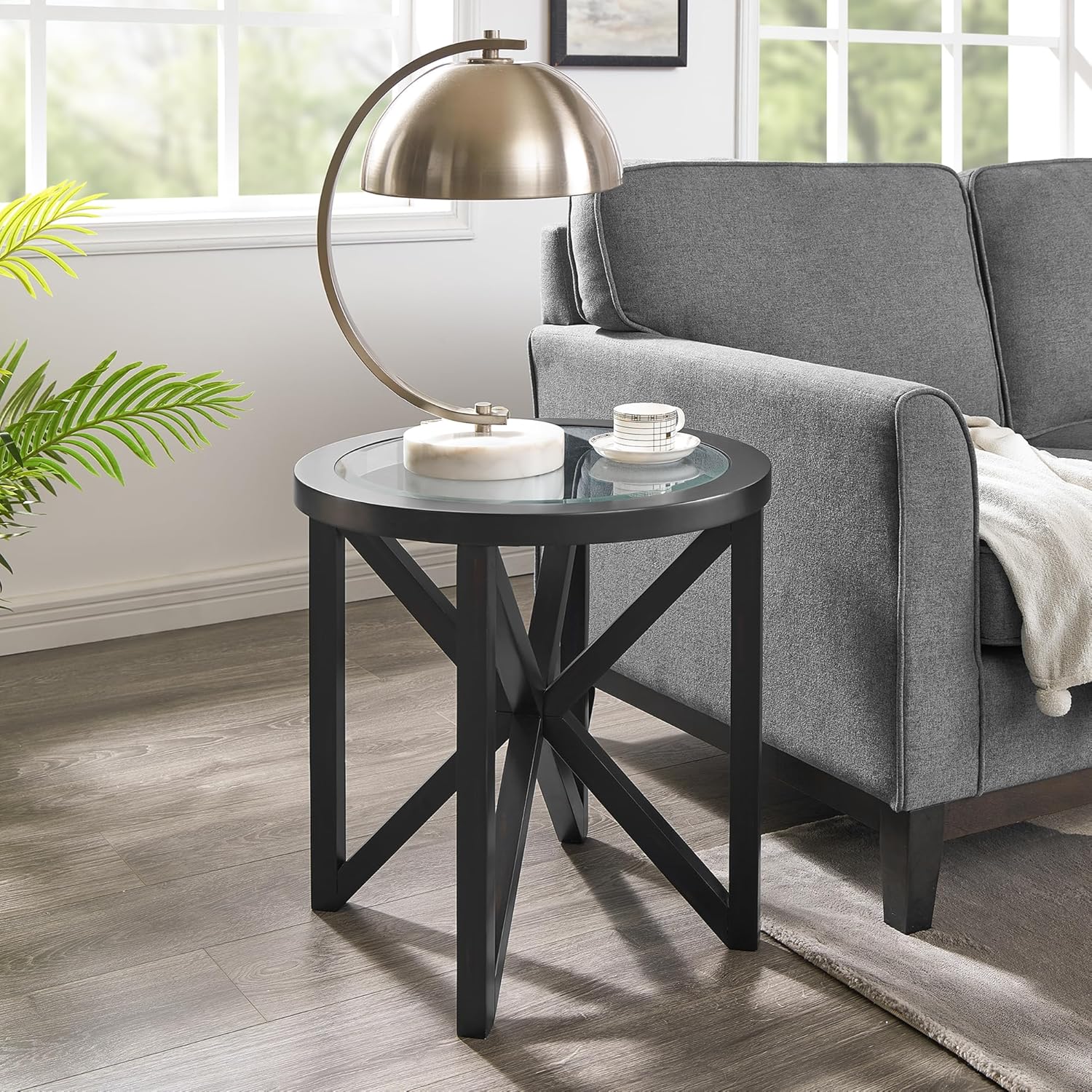 46 inch Round Coffee Table, Tempered Glass Coffee Table with Solid Wood Base for Living Room, Black