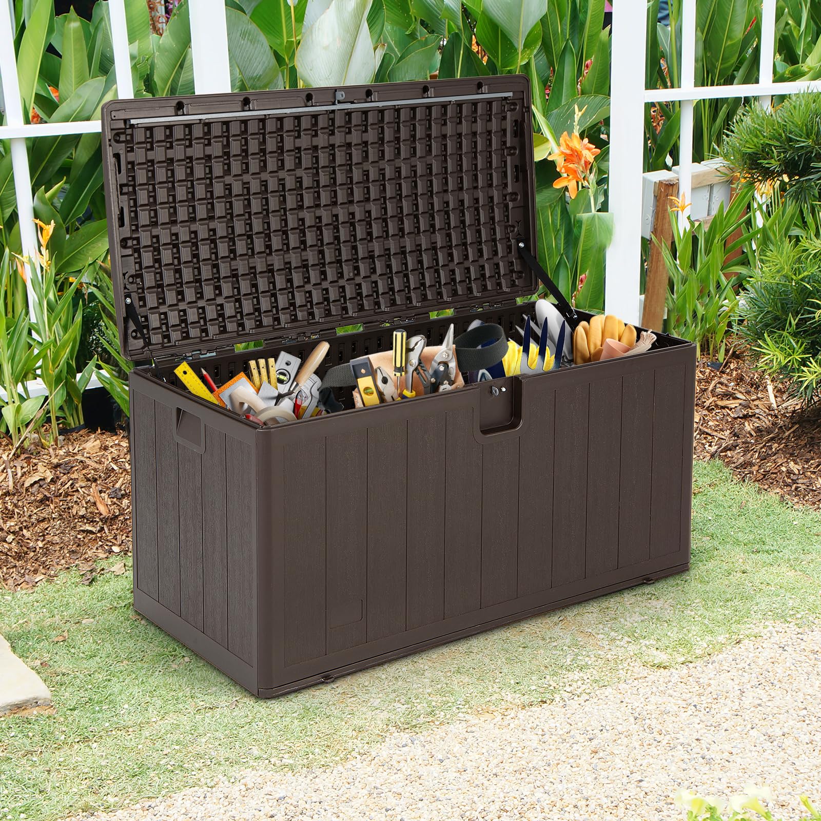 HOMASIS 400L Auflagenbox wetterfest, XXL Gartenbox aus HDPE, abschließbar Aufbewahrungsbox mit Deckel & Griff, Kissenbox Kissentruhe Auflagentruhe Gartentruhe Terrassenbox Outdoor, 128x62x64cm, Braun