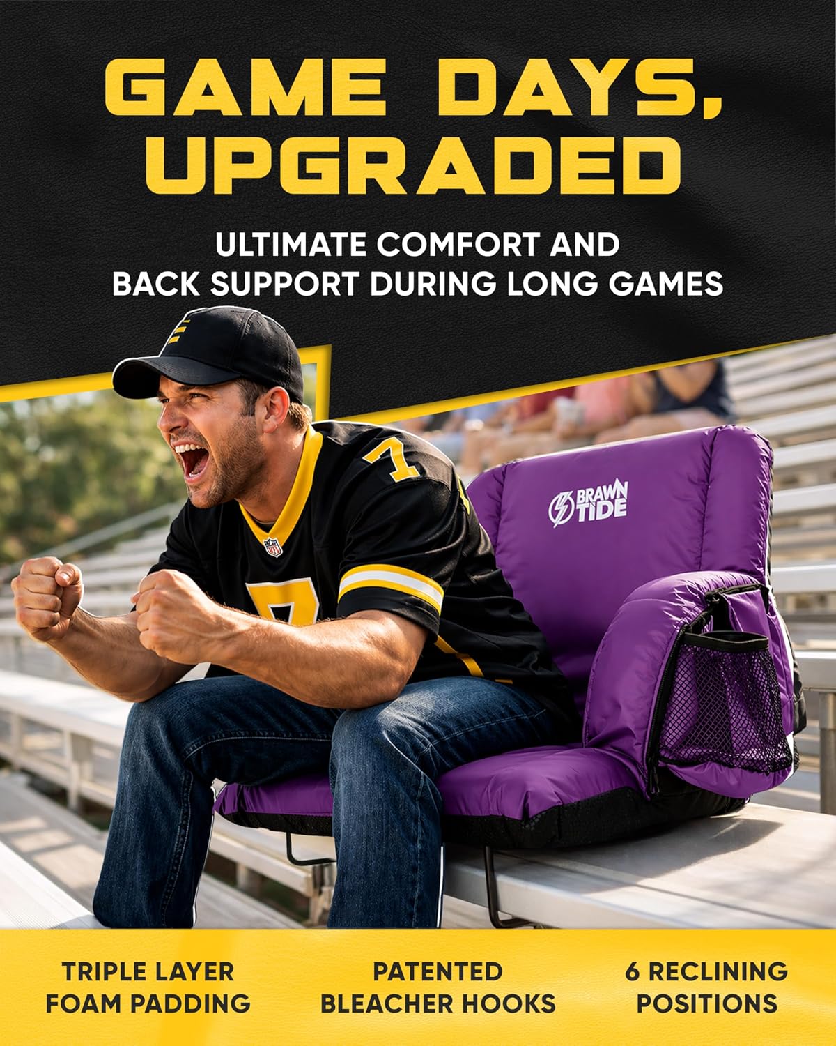 BRAWNTIDE Stadium Seat for Bleachers with Back Support - Wide Padded Reclining Bleacher Seat, Portable Folding Stadium Chair with Armrests, Hooks, Straps, Cup Holders & Pockets (Purple, 21)