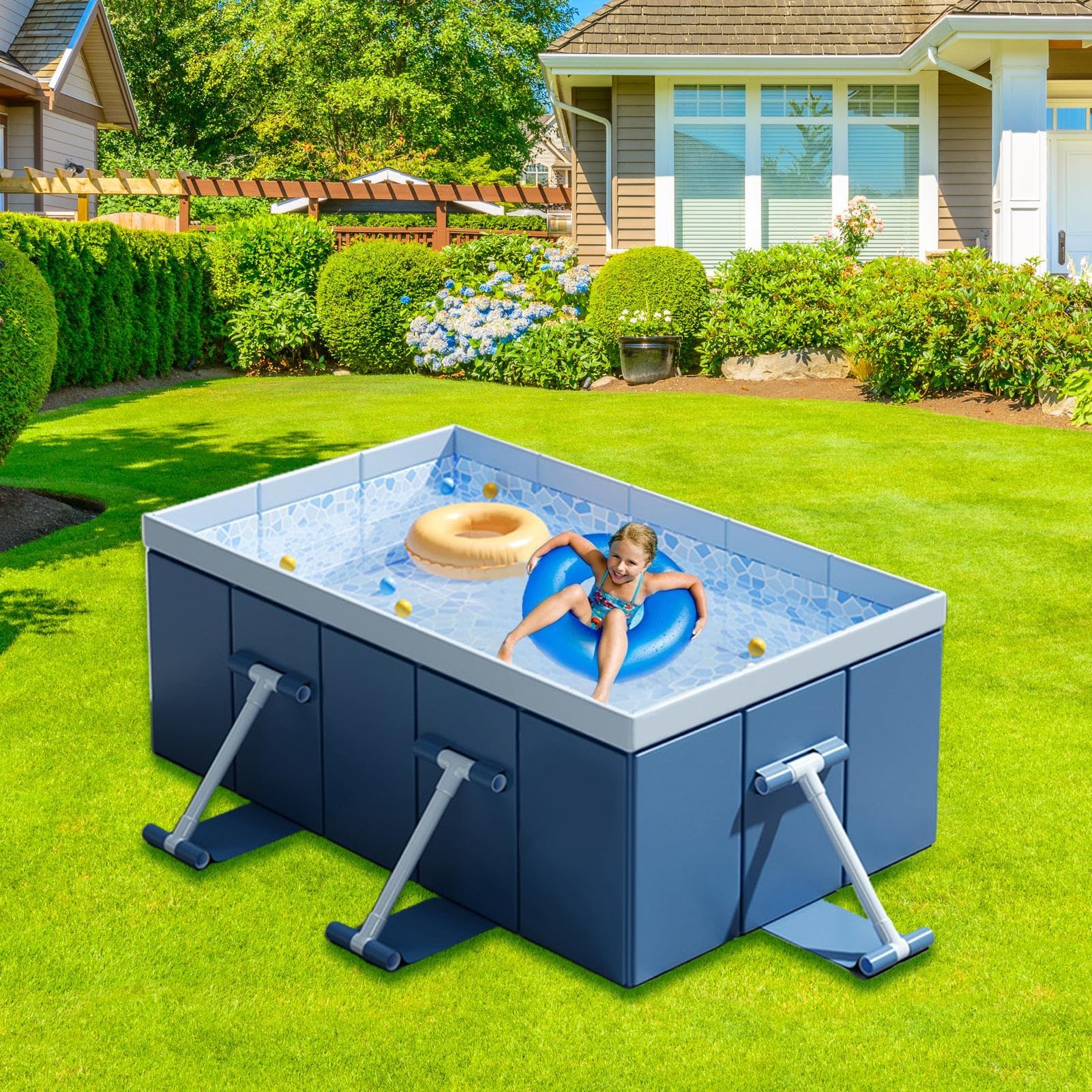 Piscina portátil, Piscina no Inflable Nates Plegables enmarcados para niños | Juguete de patio trasero de verano de verano para adultos, niños y mascotas