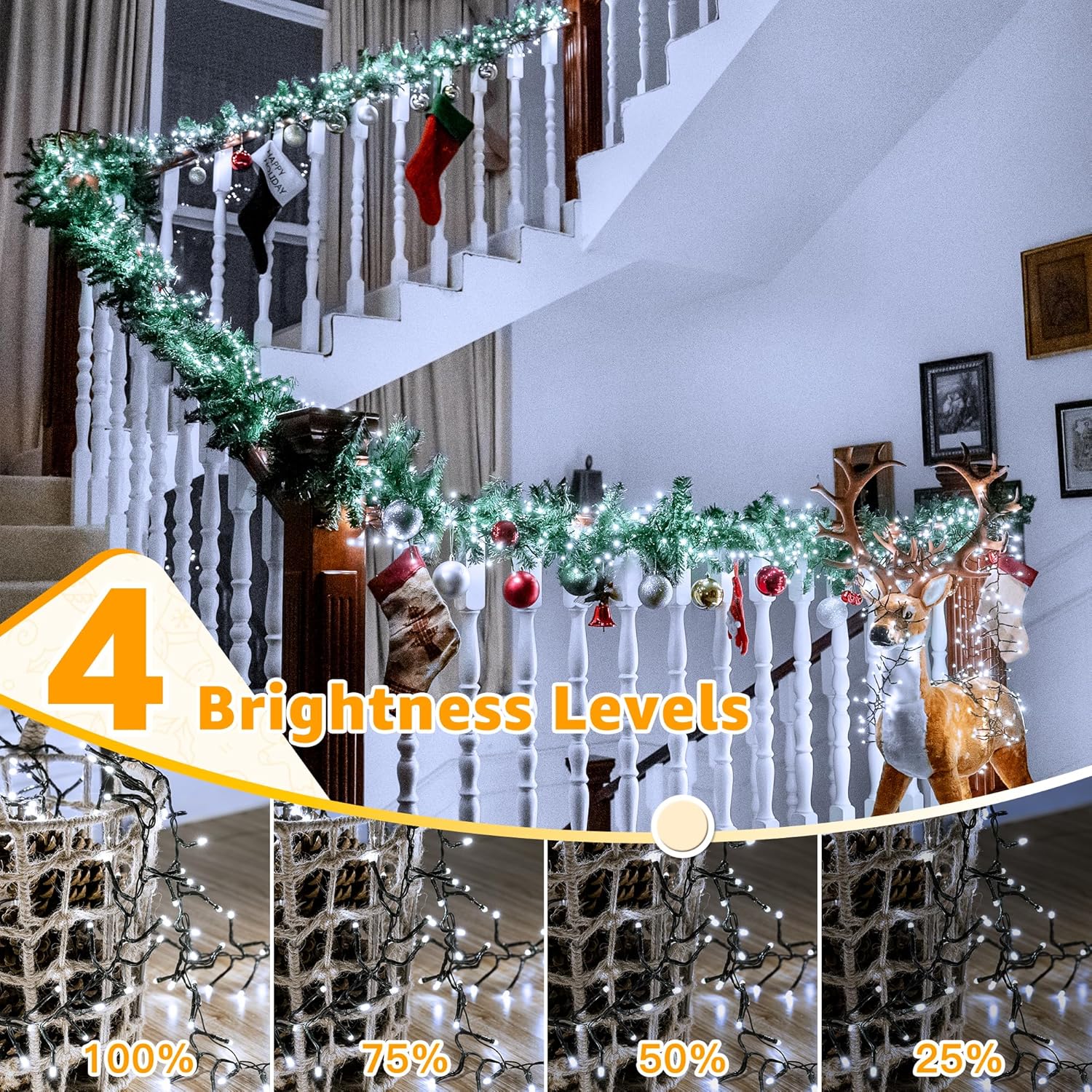 Image illustrating 4 brightness levels (100%, 75%, 50%, 25%) for Ollny Cluster Lights on a staircase garland.
