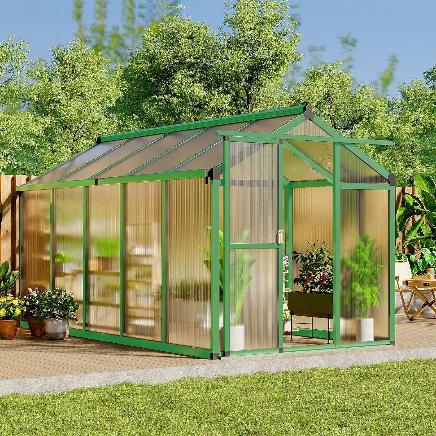 6x10 FT Greenhouse, Easy Assembly Aluminum Polycarbonate Greenhouses for Outdoors with Roof Vent, Large Aluminum Walk-in Greenhouse for Sunroom Patio, Backyard, Garden, Sliding Lockable Door, Green
