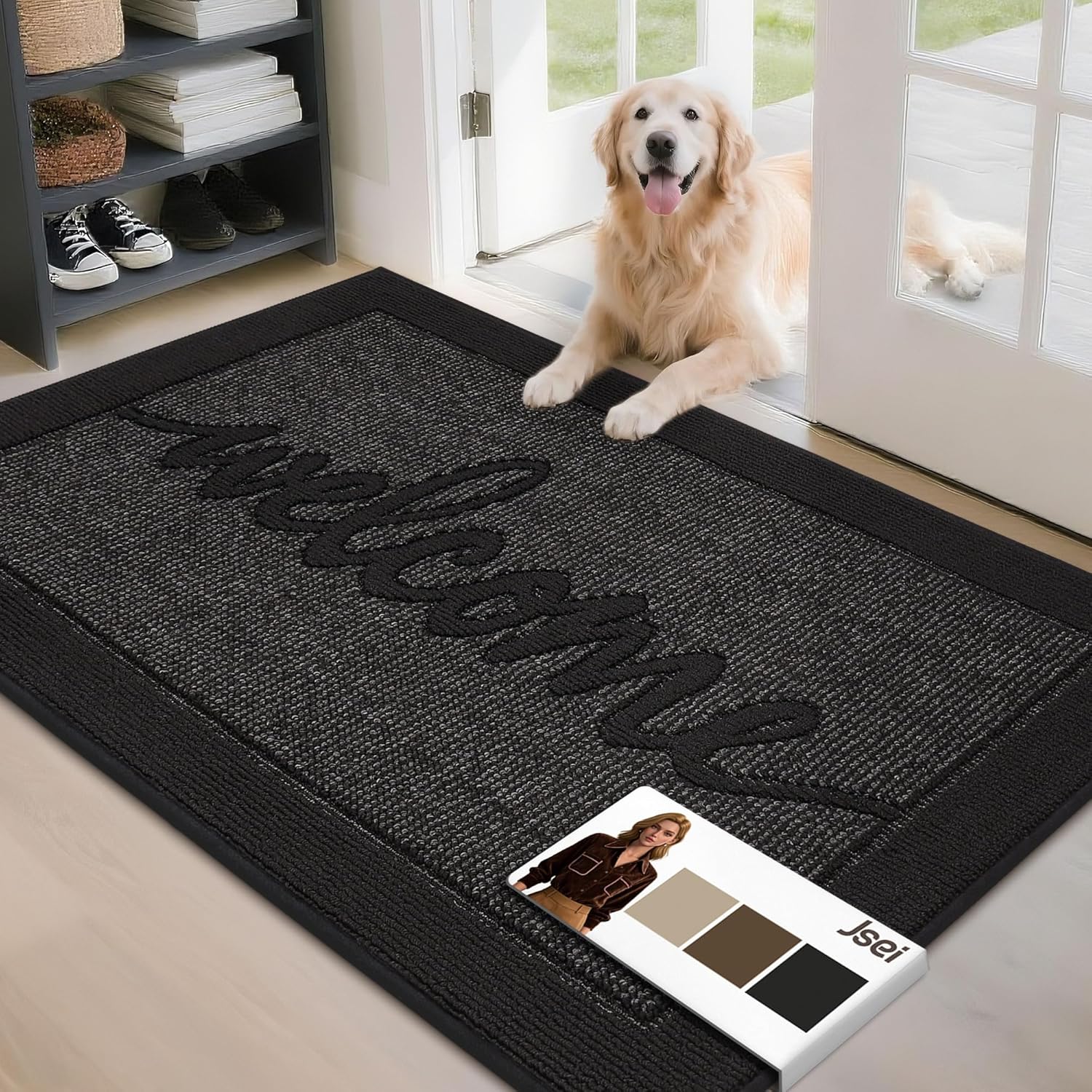 JSEI Door Mat 32"x 48",Absorbent Dirt Welcome Mat,Non-Slip Entryway Rugs Washable Indoor Entrance Mats, Low Profile Floor Mat for Entryway and Front Back Door,Black