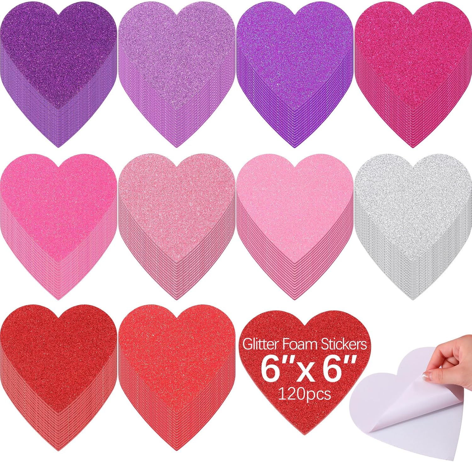 Tatuo 120 Pcs 6 Inch Foam Heart Stickers Bulk Self Adhesive EVA Foam Hearts Matte and Glitter Stickers for DIY Crafts, Valentine's Day Wedding Party Scrapbook Decoration(Matte,Classic Color)
