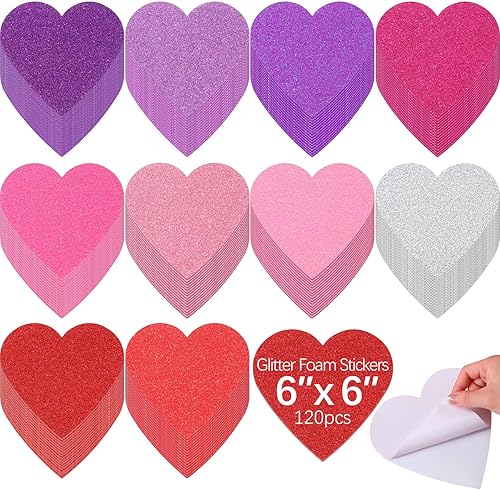 Miniatura 1 de Tatuo 120 calcomanías de corazón de espuma de 6 pulgadas a granel, autoadhesivas, corazones de espuma EVA, mate y purpurina para manualidades, día