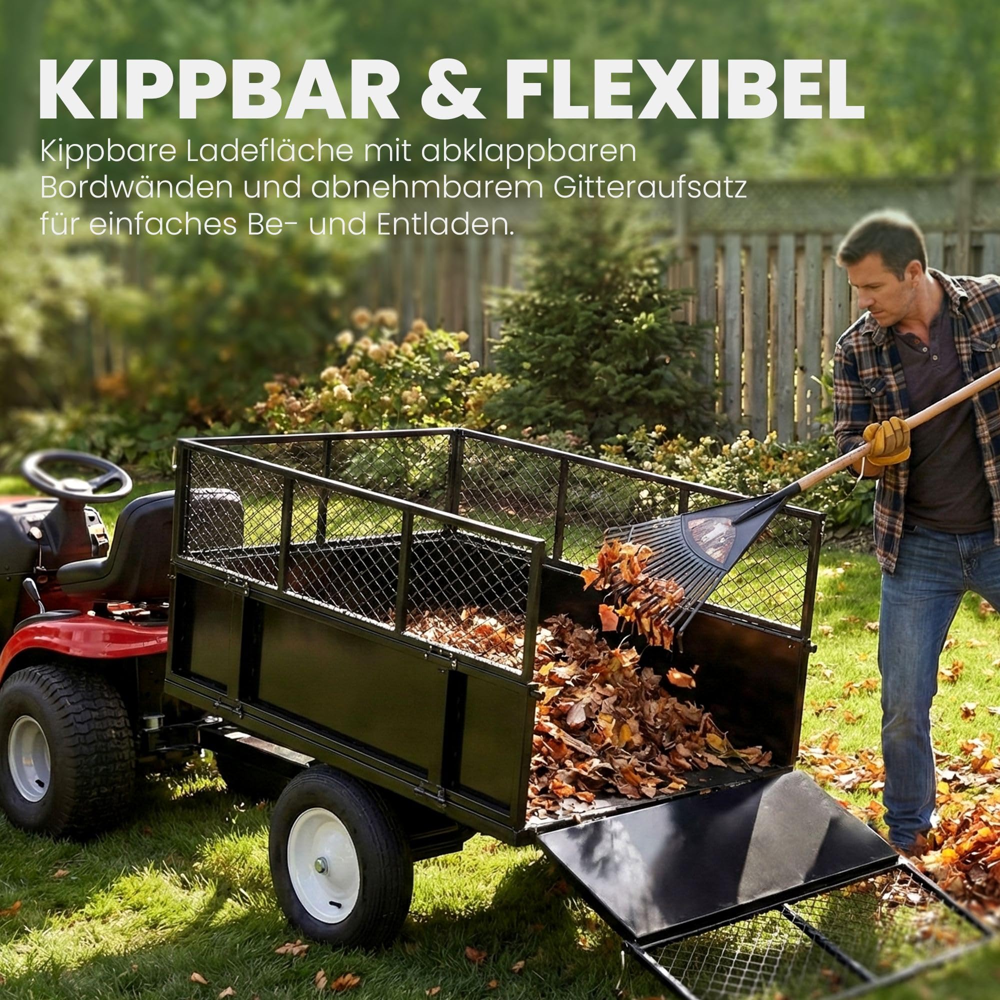 CLP ATV Kippanhänger 300kg für Rasentraktor, Gartenanhänger mit Gitteraufsatz, klappbaren Bordwänden, Universal-Kupplung, schwarz