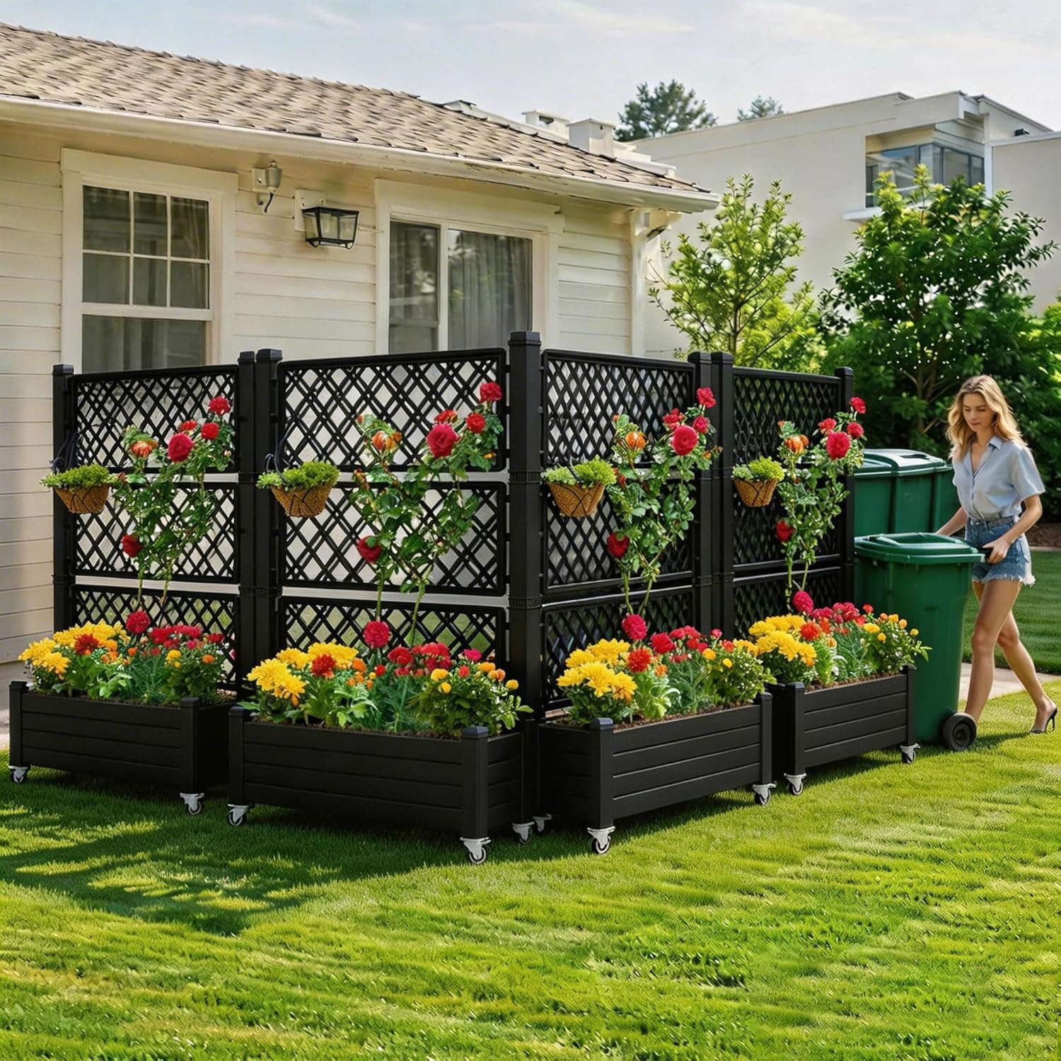 YITAHOME 43.3x17.7x61 in Planter Trellis Box with Wheels & Drain Plug, Outdoor Resin Raised Garden Bed for Climbing Plants, Large Weather-Resistant Design, Black