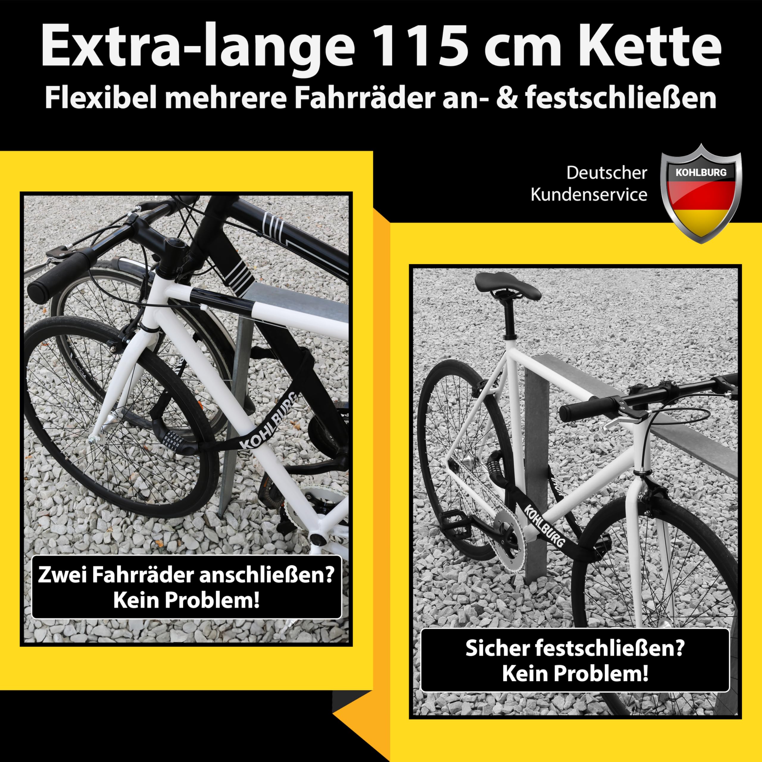 KOHLBURG sehr langes Fahrradschloss Zahlenschloss 115cm & 6mm starker Stahl - Fahrrad Schloss mit Zahlencode - Kettenschloss mit Zahlen Kombination für Fahrrad E-Bike & e Scooter - Code Bike Lock
