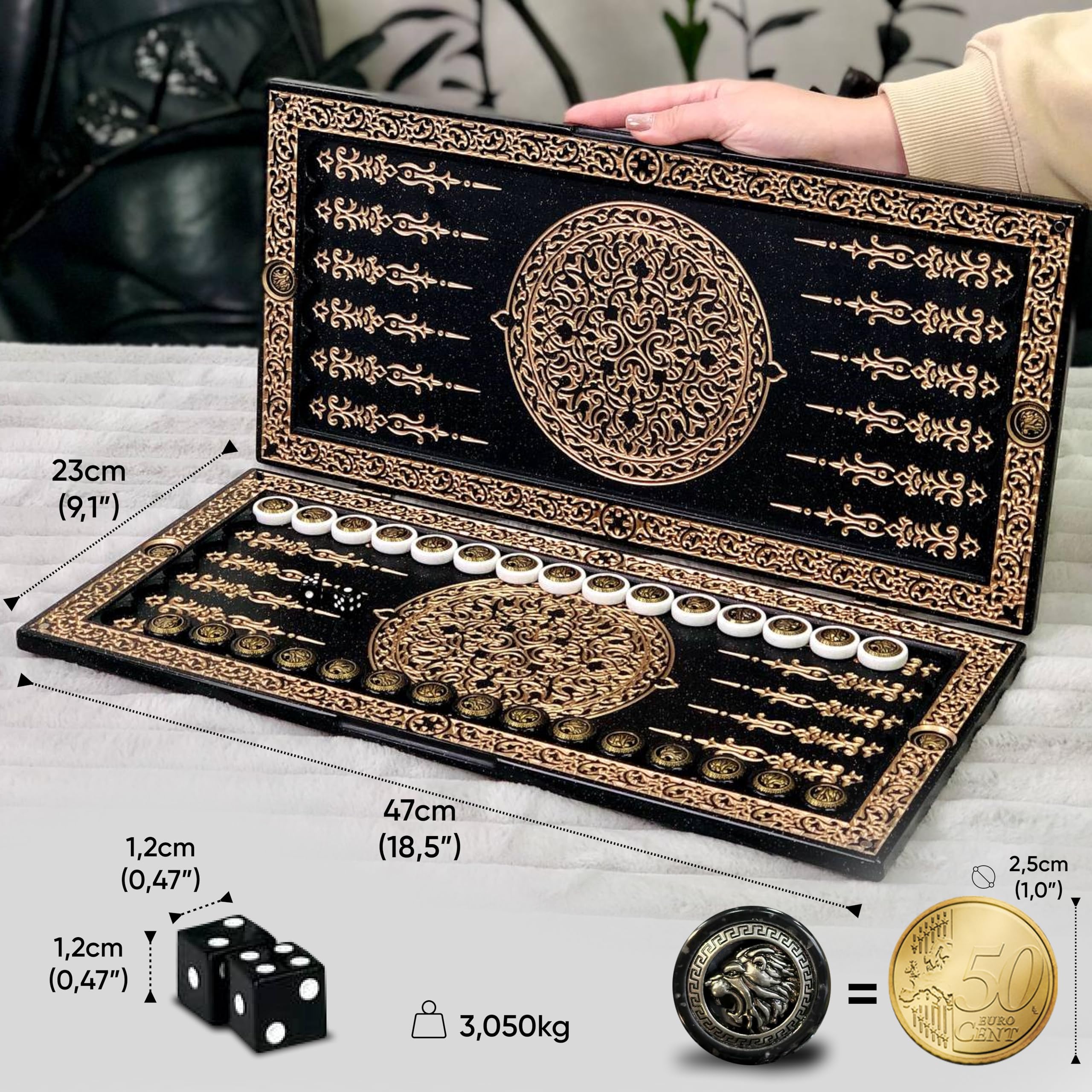 Luksusowy backgammon z kamienia akrylowego – ręcznie robiona gra strategiczna 47 × 23 cm torba i wartość edukacyjna Rozmiar: 47 cm (18,5 cala)
