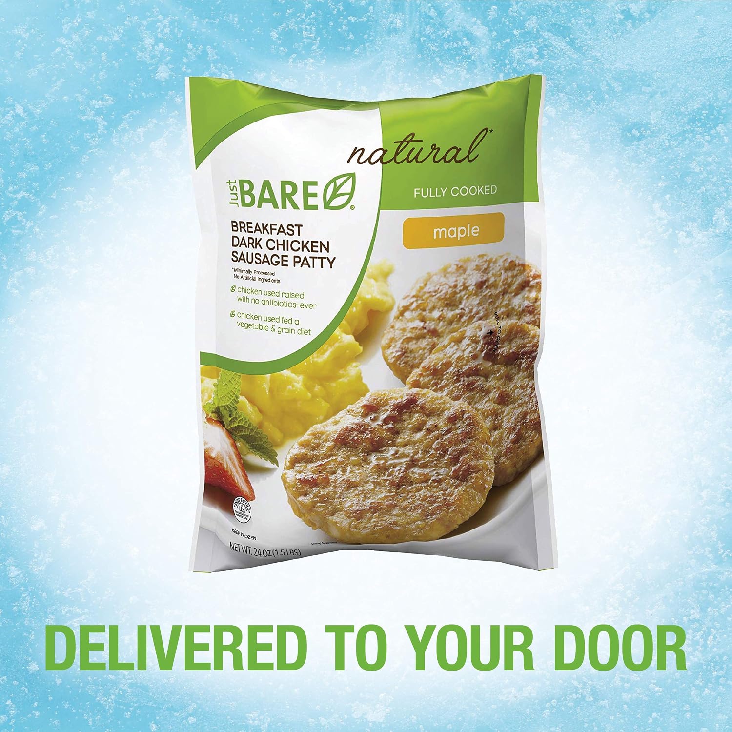 JUST BARE Natural Chicken Breakfast Sausage Patties | Fully Cooked | Maple | Frozen | 1.50 LB