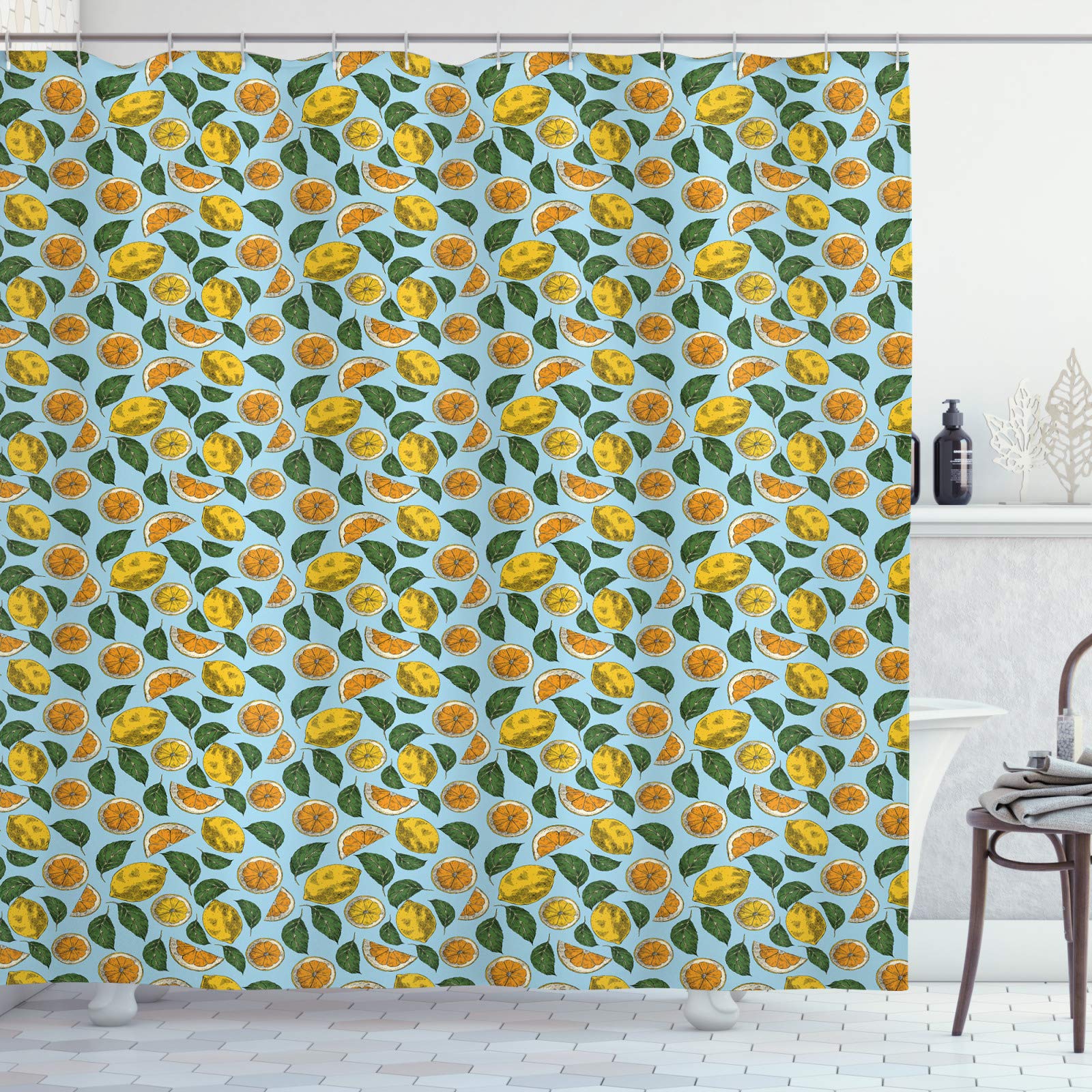ABAKUHAUS Citron Rideau de Douche, Niveaux de Gris Branche d'arbre Spring, Tissu Ensemble de Décor de Salle de Bain avec Crochets, 175 cm x 200 cm, Gris Blanc Jaune