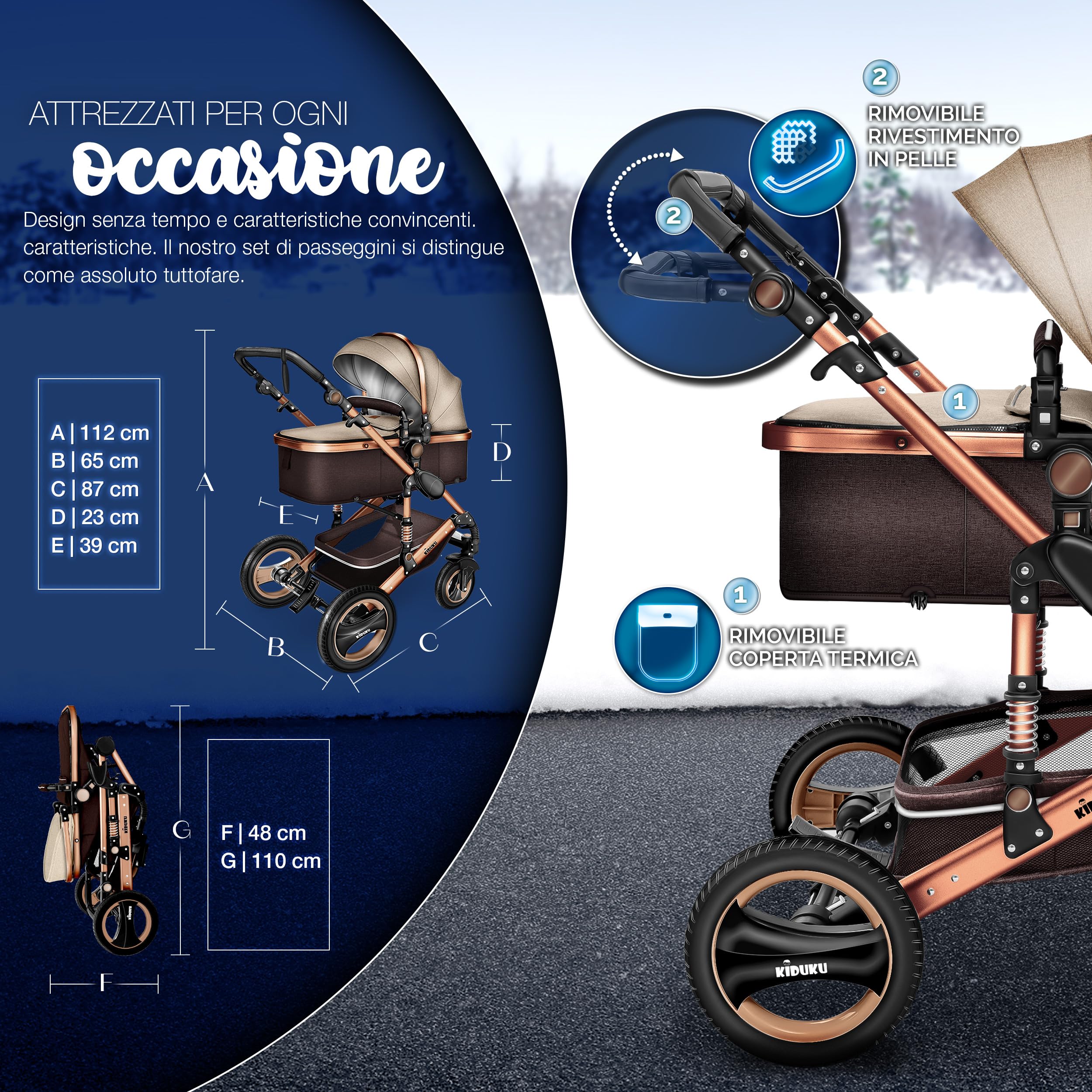 KIDUKU 3 in 1 Passeggino Completo Trio Sistema Combinato con Navicella Ovetto Seggiolino Auto Coprigambe ECE R129