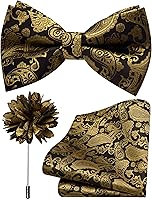 Branduce Men's Paisley Pre-Tied Bow Tie Set with Pocket Square & Lapel Pin - Luxurious Microfiber Silk Blend