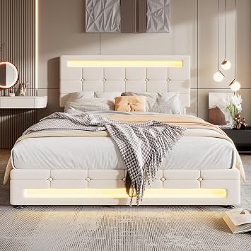 BTM 135x190cm Uphostered Double Bed, 4FT6 Double Bed with Storage, Double Bed Frame with Headboard and 7 Colors and 12 Dynamic Modes LED-Light Strips, Beige Velvet Bed