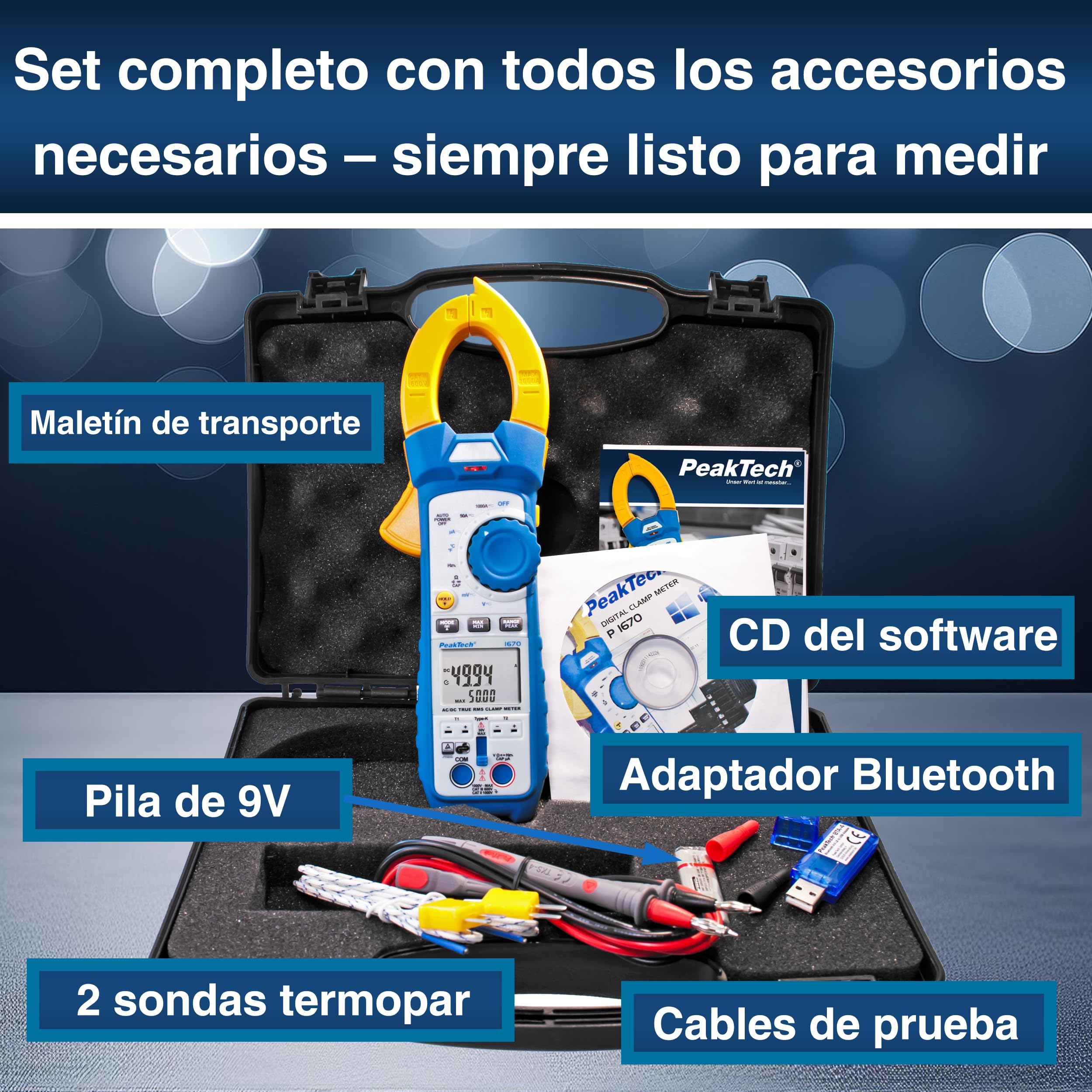 PeakTech 1670 Pinza Amperimétrica RMS 4.0 Bluetooth 1000A AC/DC 50000 Cuentas Multímetro