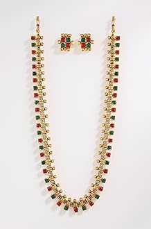 I Jewels 18K Gold Plated Traditional South Indian Stylish Multicolour Stone Work Long Necklace With Earrings For Women & Girls (MC041)