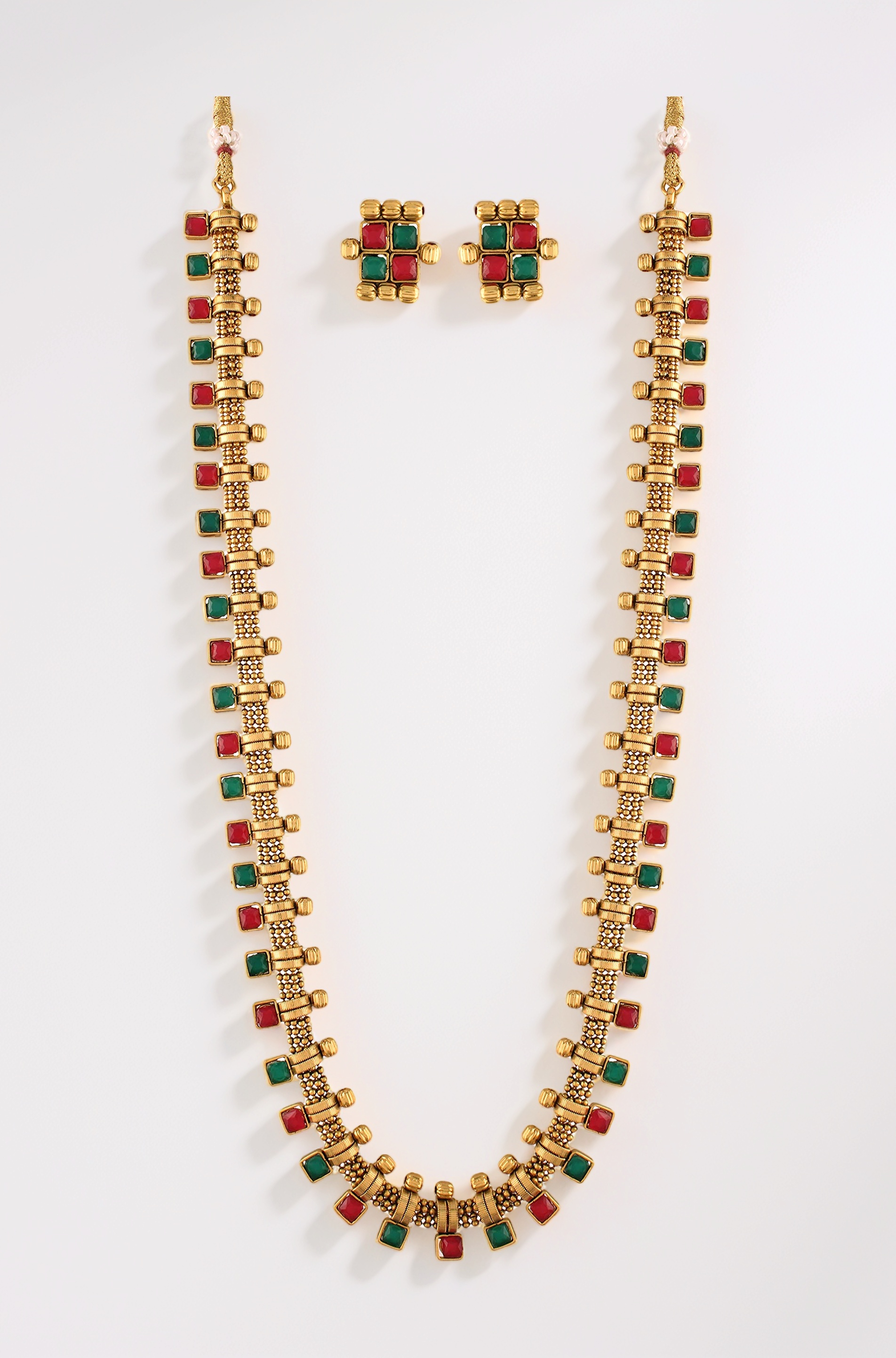 I Jewels 18K Gold Plated Traditional South Indian Stylish Multicolour Stone Work Long Necklace With Earrings For Women & Girls (MC041)