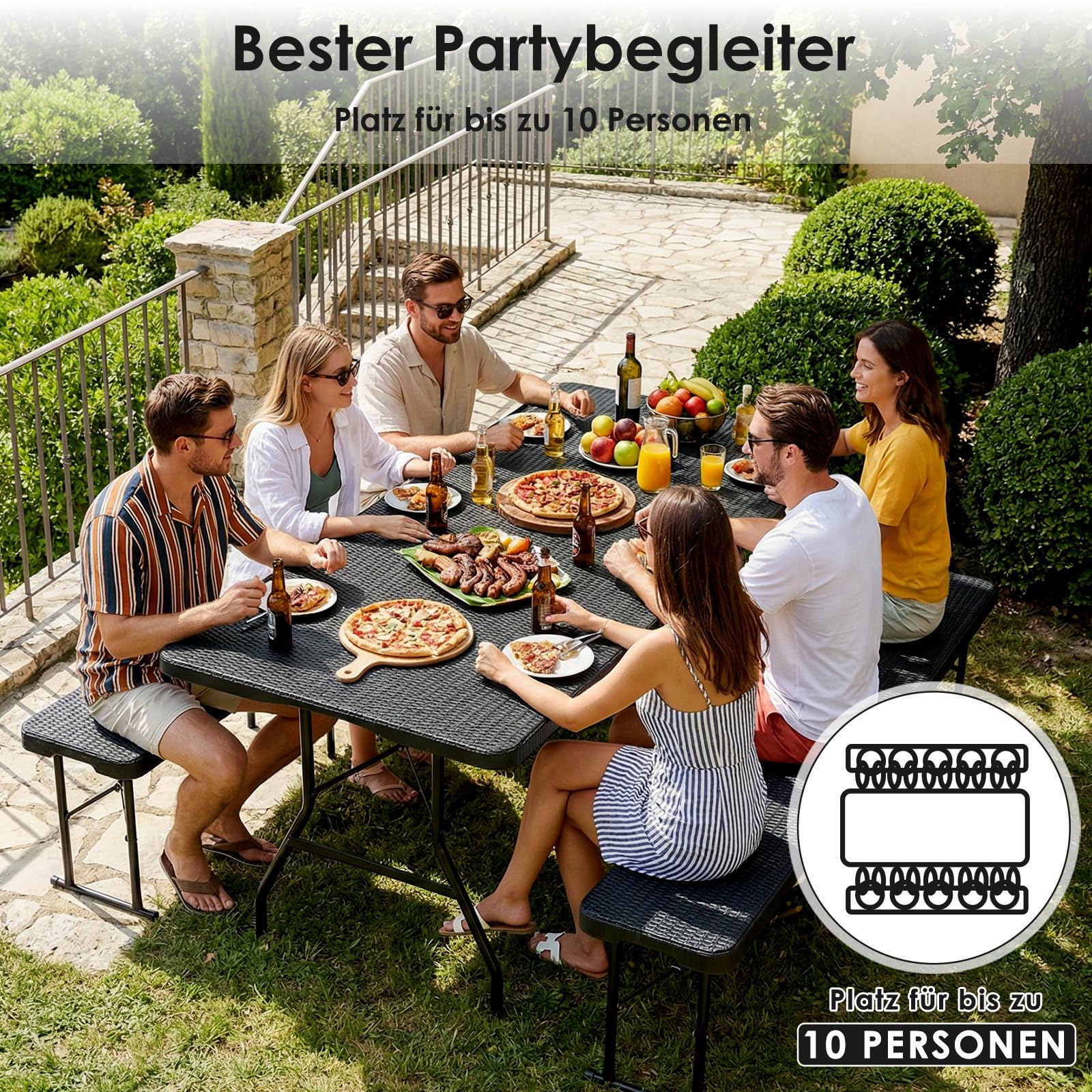 LIFERUN Tavolo da Giardino Pieghevole 180x75 cm,Tavolo da Buffet con Impugnatura di Trasporto,Tavolo Pieghevole in HDPE Plastica per 10 Persone,Ottica in Rattan,Tavolo da Campeggio Tavolo Feste