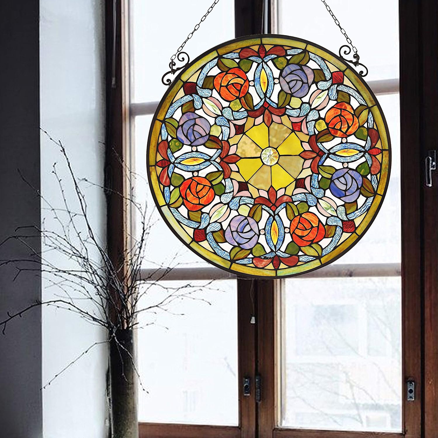 Floral Tiffany-Glass Window Panel 24" Wide